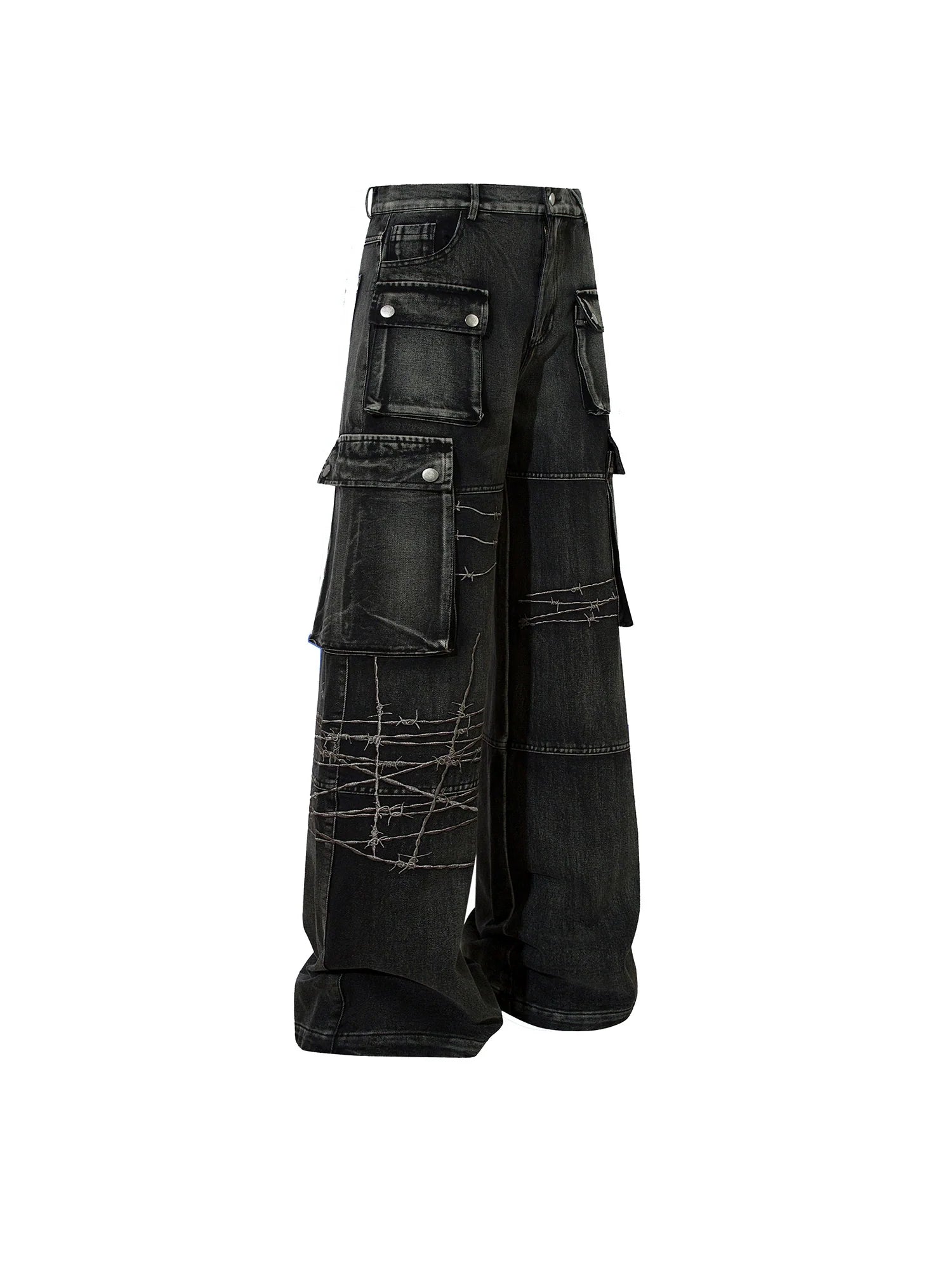 Men's Embroidered Multi-Pocket Washed Wide-Leg Jeans