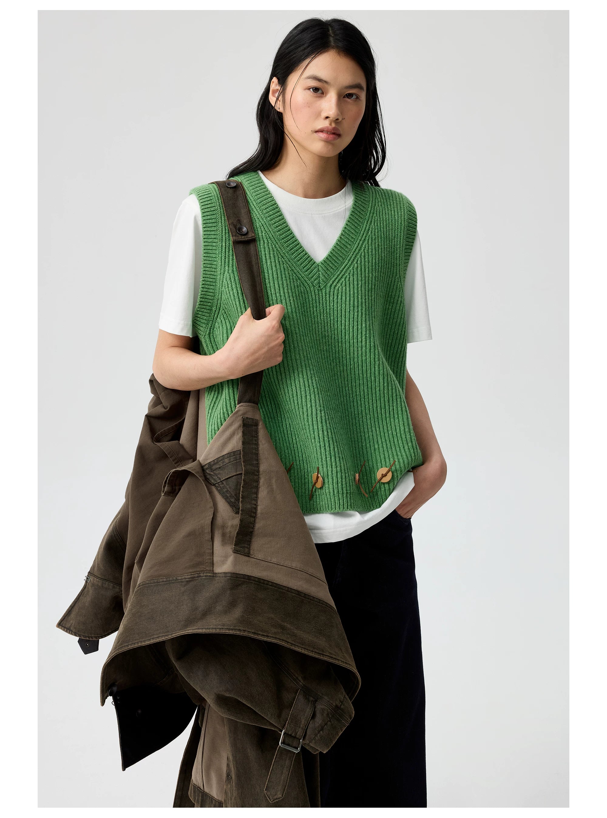 Embroidered Ribbed Button Knit Vest