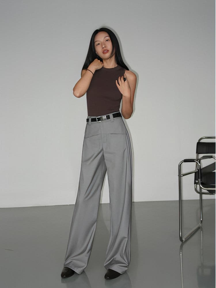 Black High-Waist Straight-Leg Suit Trousers - chiclara