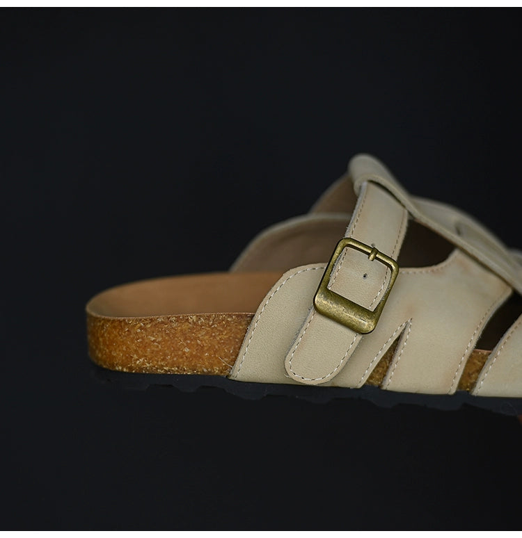 Beige Leather Buckle Strap Sandals