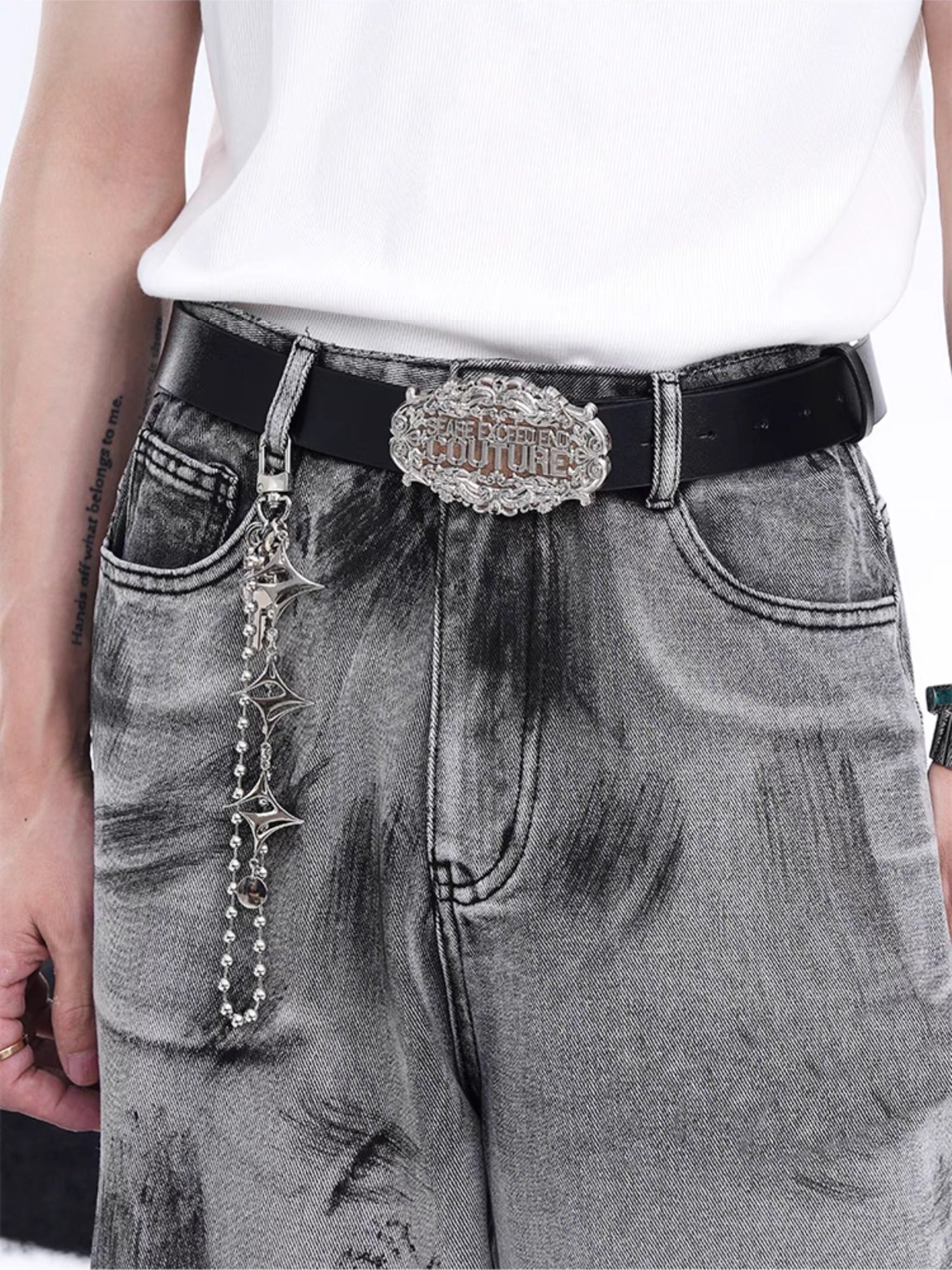 Ornate Silver "Couture" Belt Buckle with Black Leather Belt