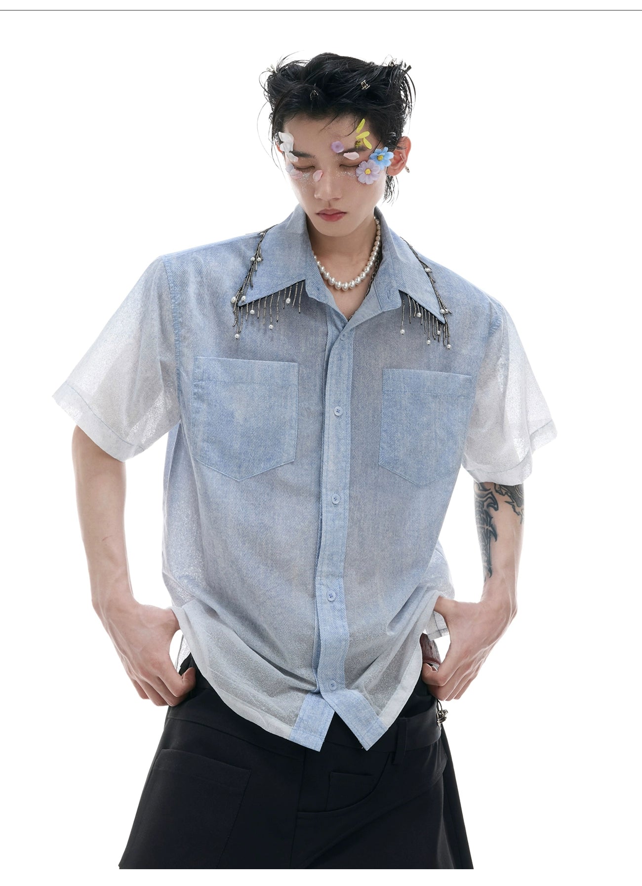 Denim Patchwork Short Sleeve Work Shirt