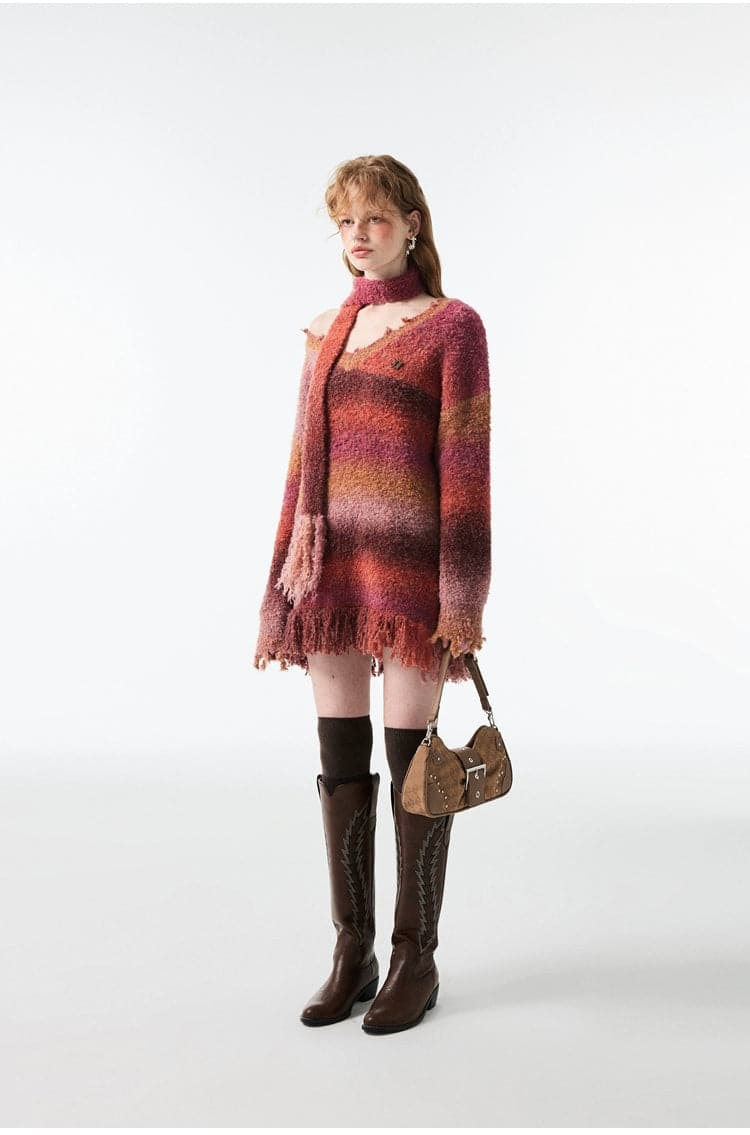 Color Block Oversized V-Neck Sweater With Attached Scarf - chiclara