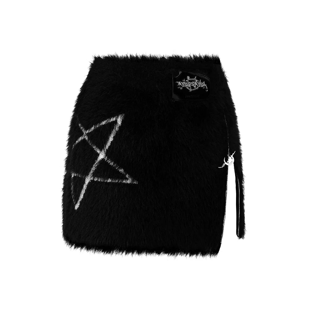 PINKSPINK Pentagram Fuzzy Crop Top and Skirt Set - Black