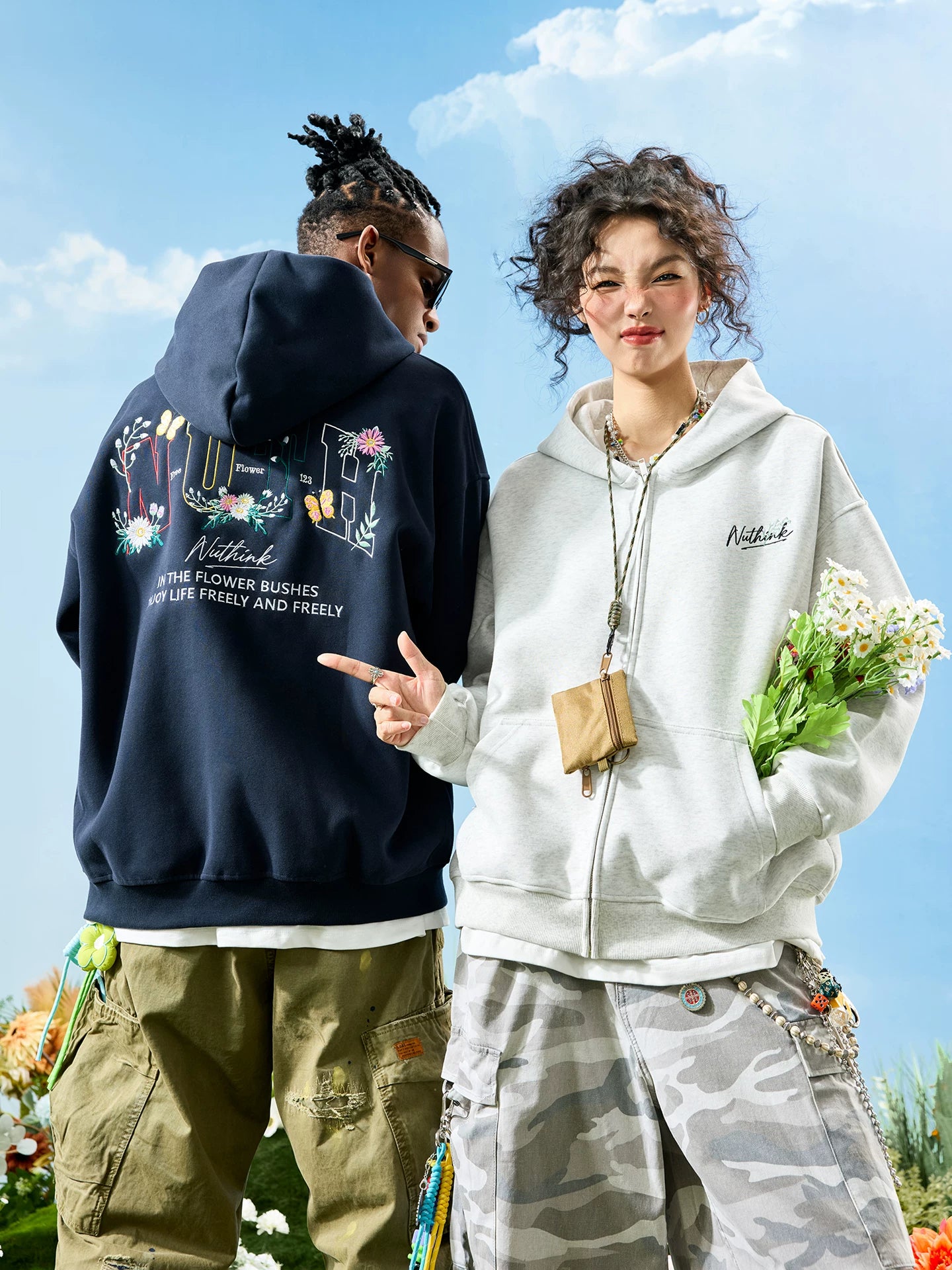 Floral Graphic Embroidered Zip-Up Hoodie