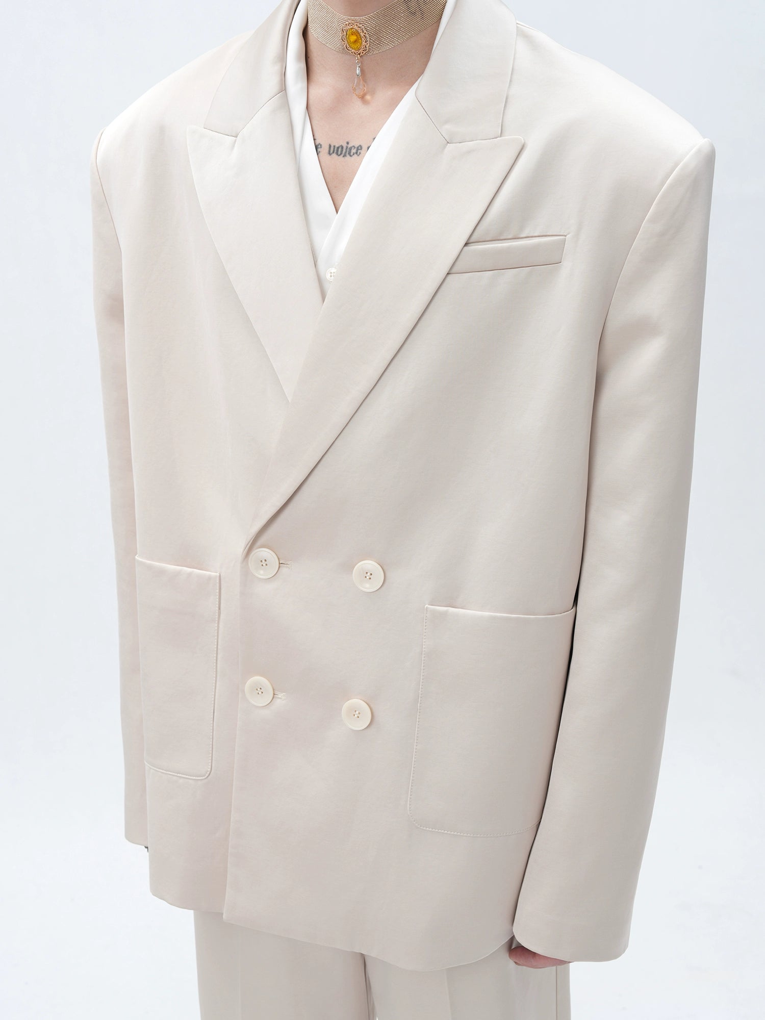Cream Double-Breasted Oversized Blazer
