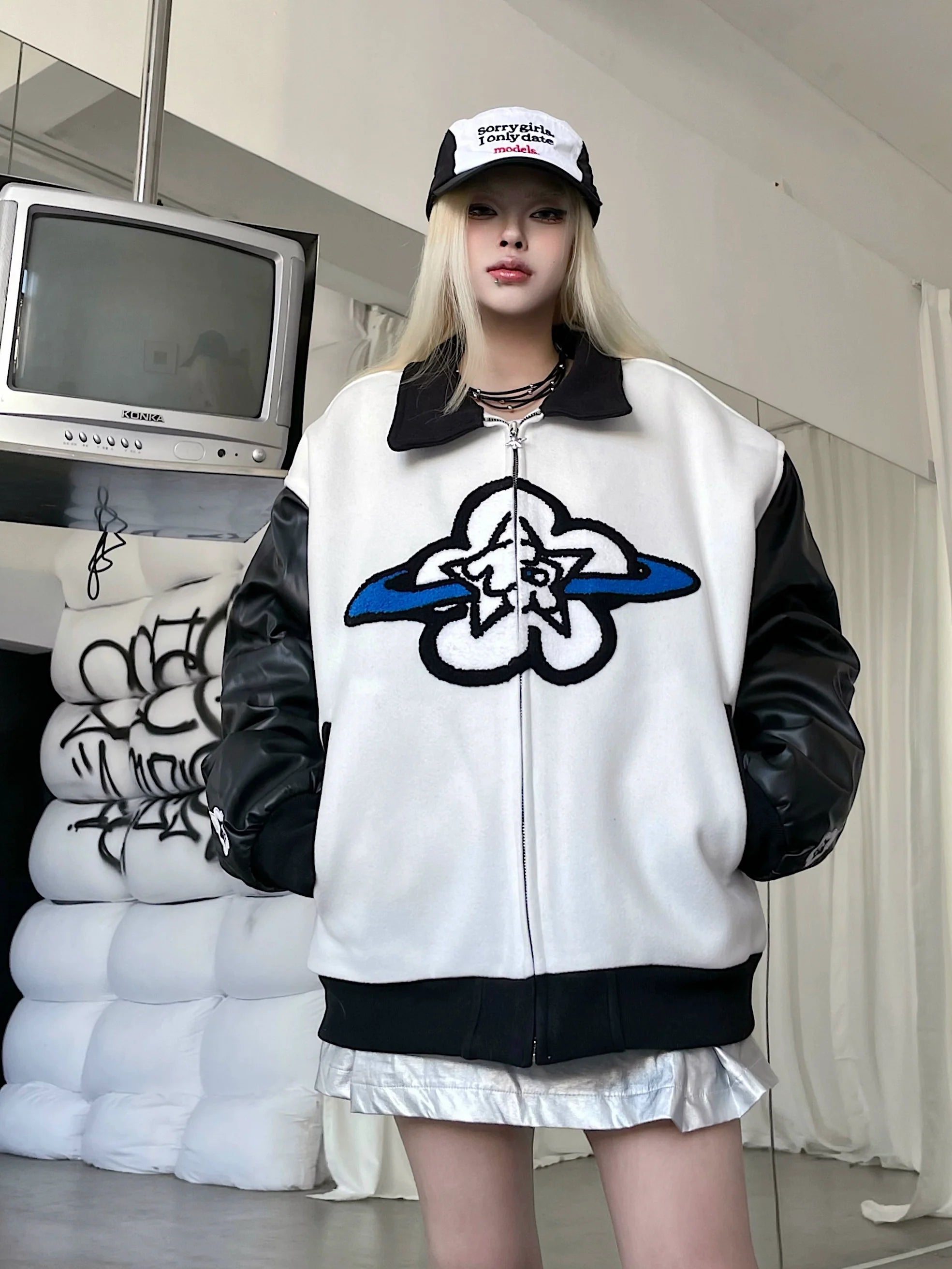 Men's Embroidered PU Patchwork Zip-Up Puffer Jacket