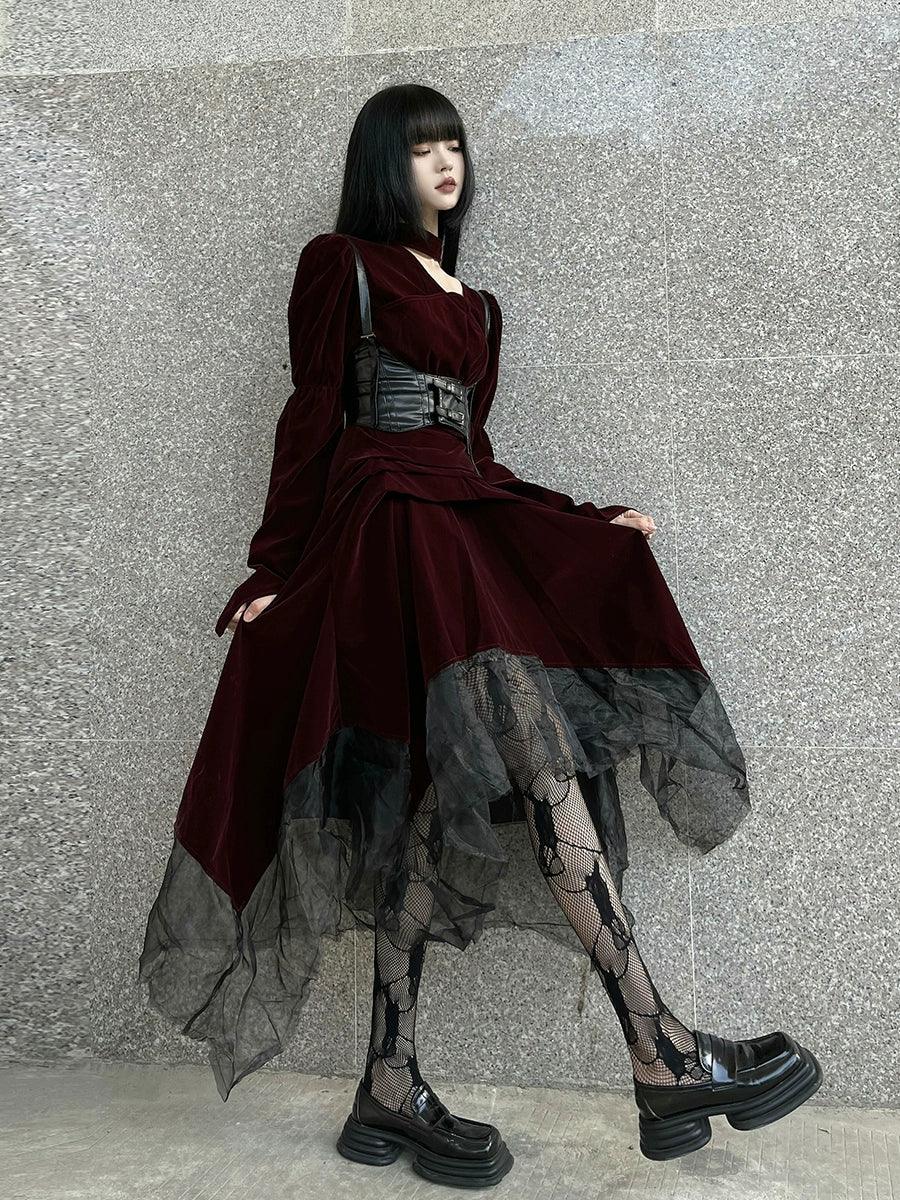 Ladyghost Gothic Victorian Maxi Dress - Women'S Burgundy Velvet And Black Mesh Layered Gown With Corset Belt