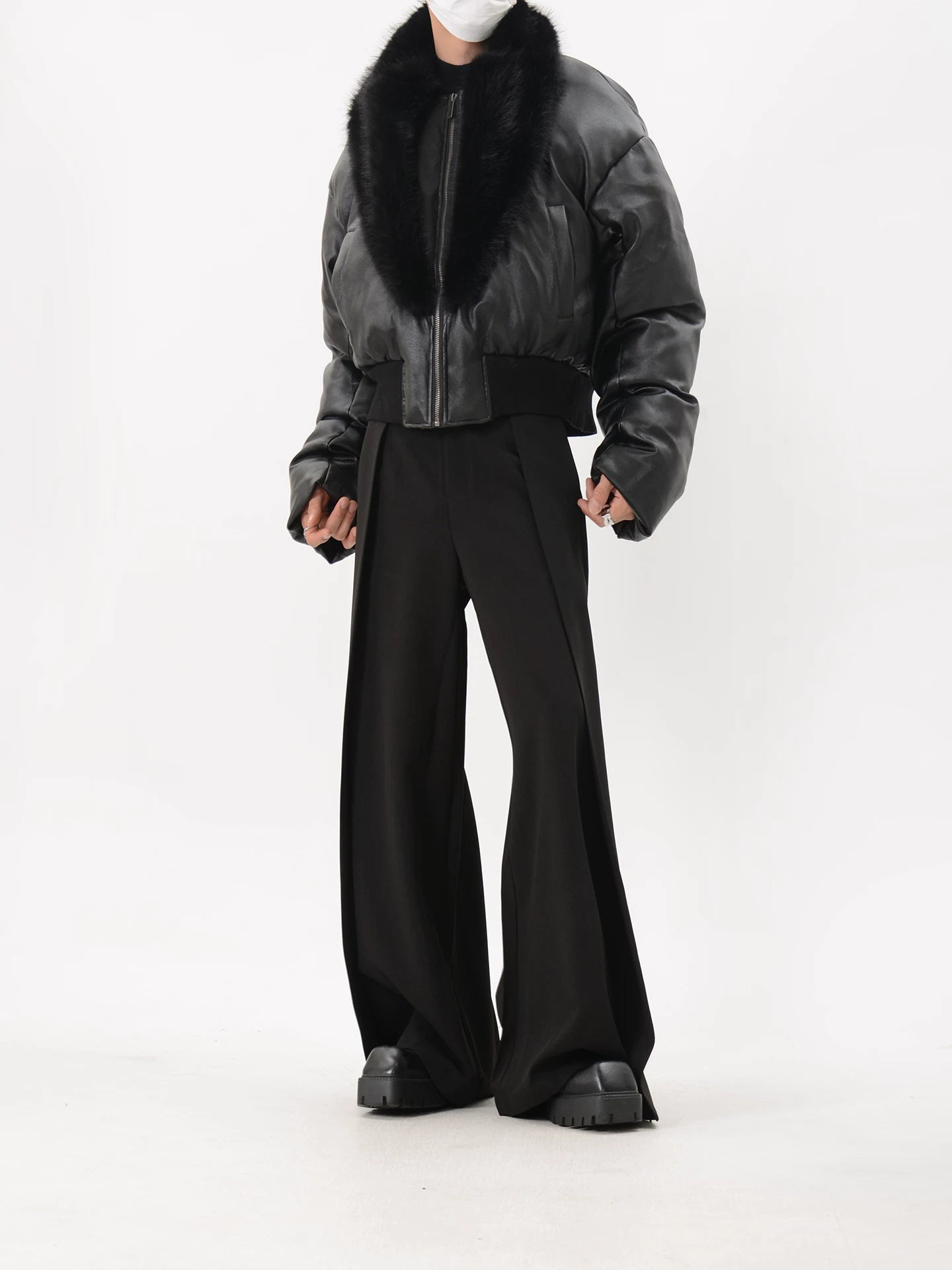Black Faux Leather Cropped Puffer Jacket with Faux Fur Collar
