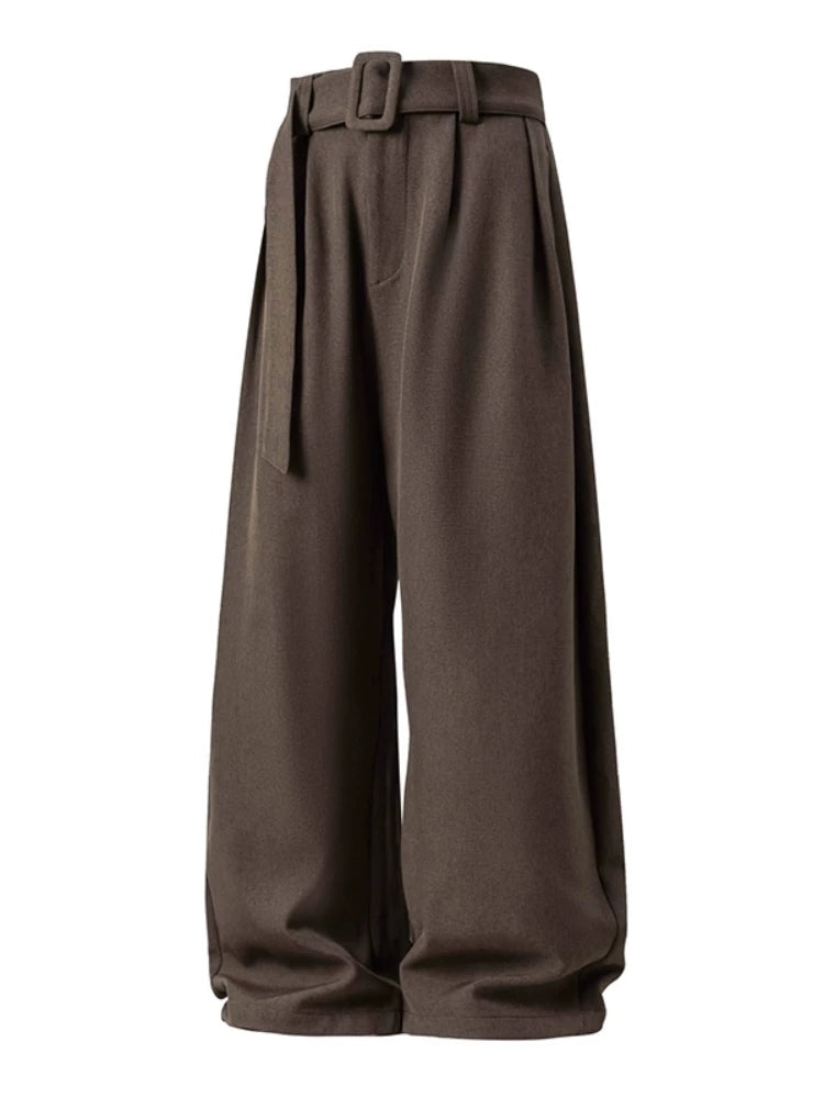 Belted Linen-Texture Curve Trousers