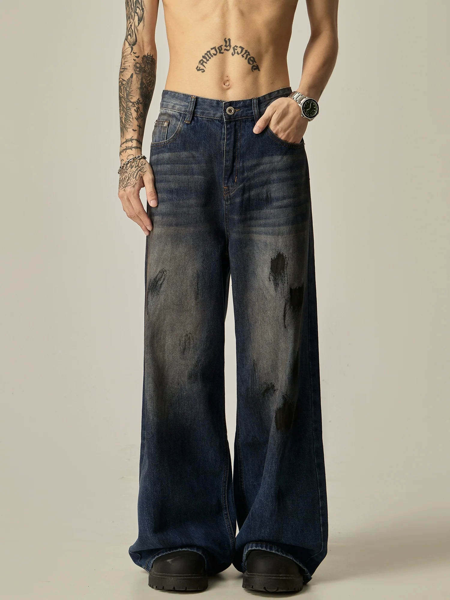 Wide-Leg Distressed Black Denim Jeans