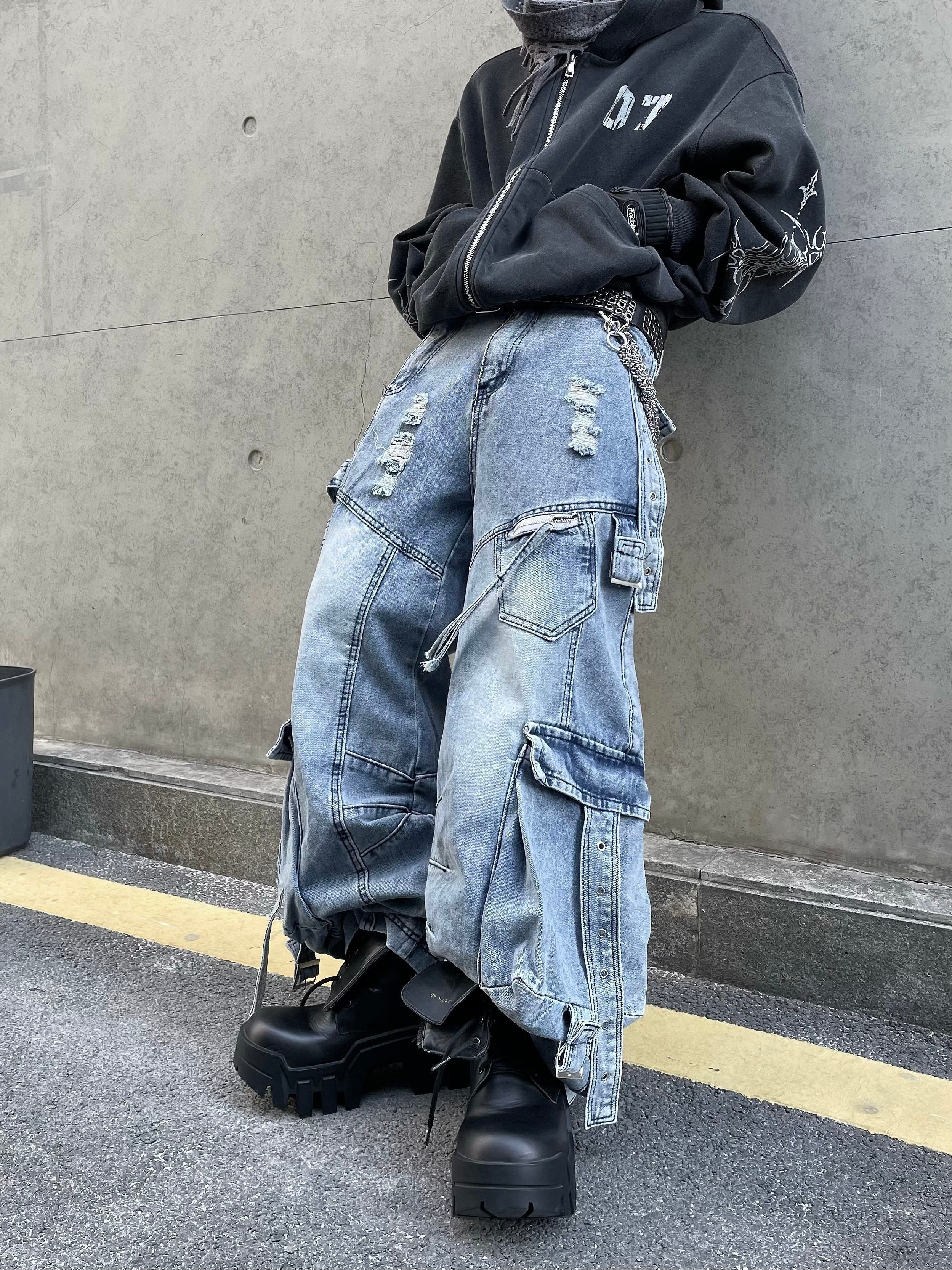 Acid Wash Distressed Cargo Jeans