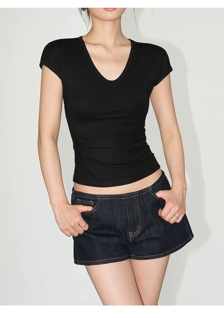 Soft Curve Ruched V‑Neck Tee