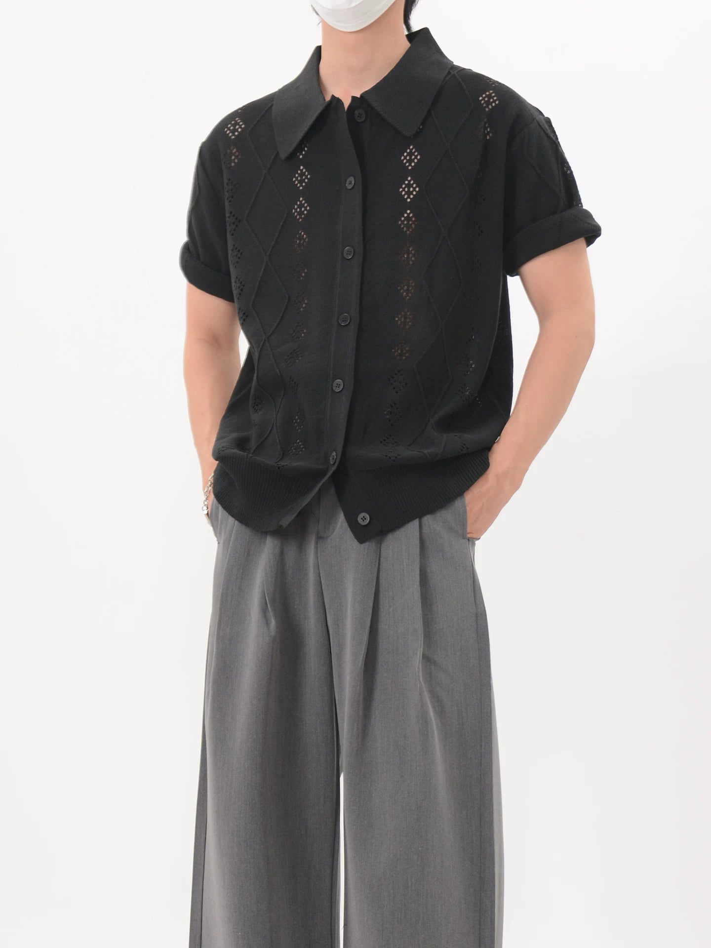 Lattice Knit Polo Cardigan