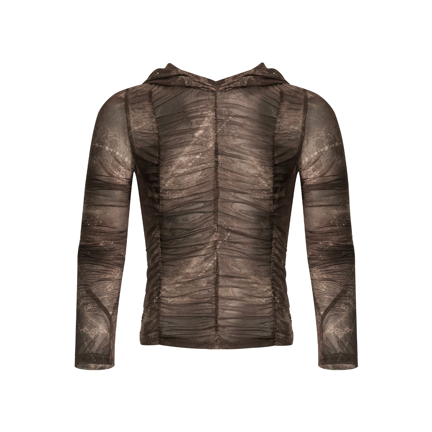 Distressed Brown Hooded Long Sleeve Top with Ruched Detailing