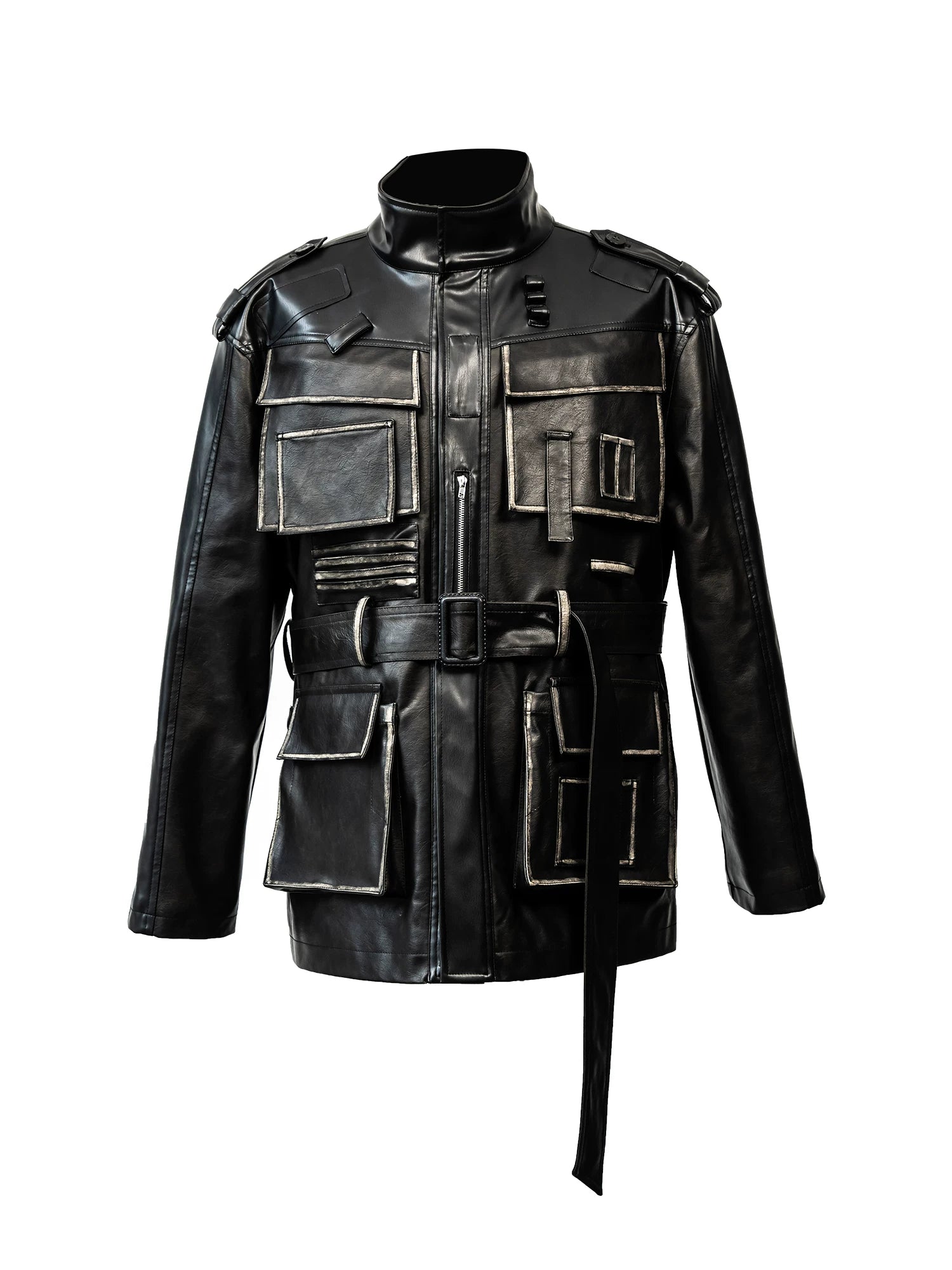 Obsidian Circuit Multi-Pocket Belted Leather Jacket