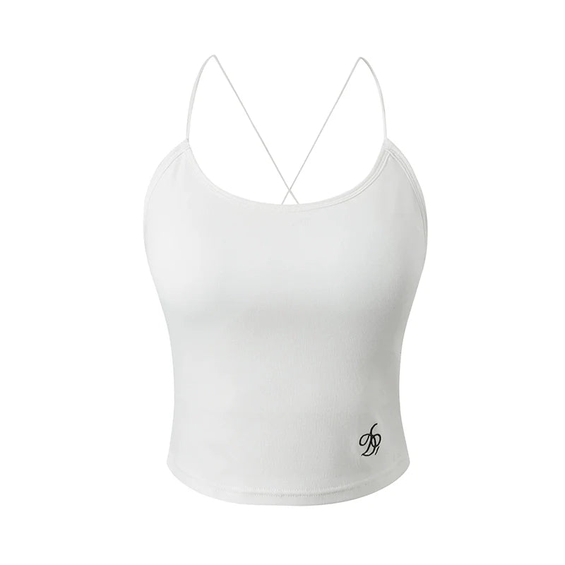 Essential Cross-Back Cami Top: Sleek Athletic Cropped Tank in Black, Heather Gray, and White