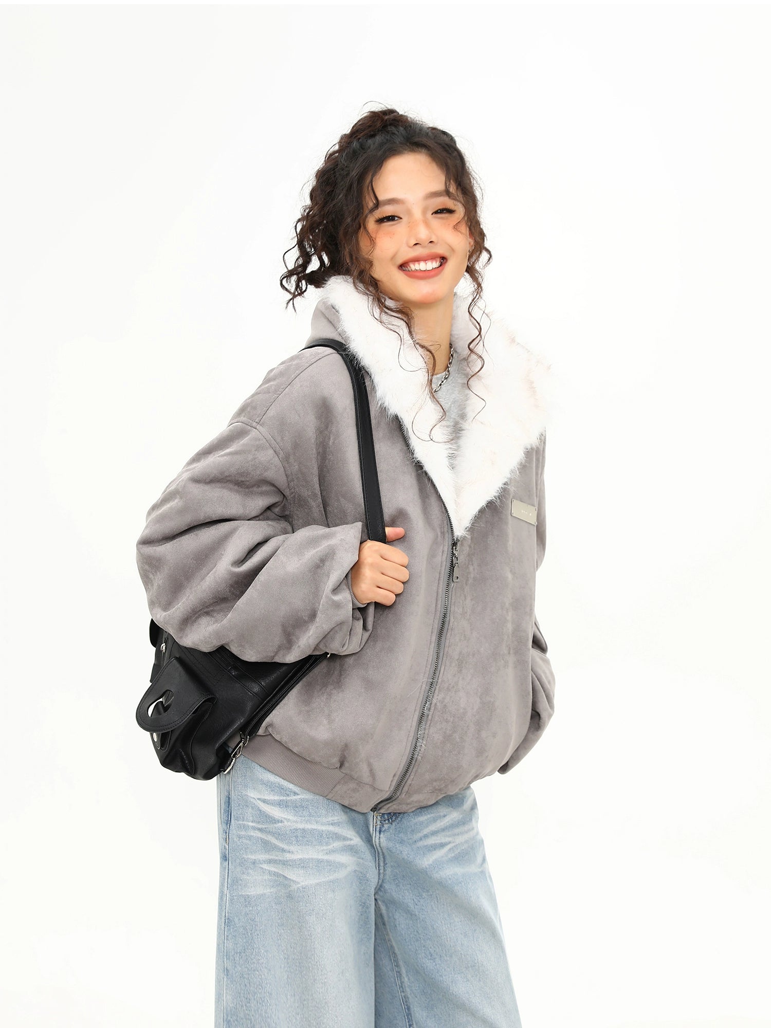 Ash Cloud Faux Fur Collar Bomber Jacket