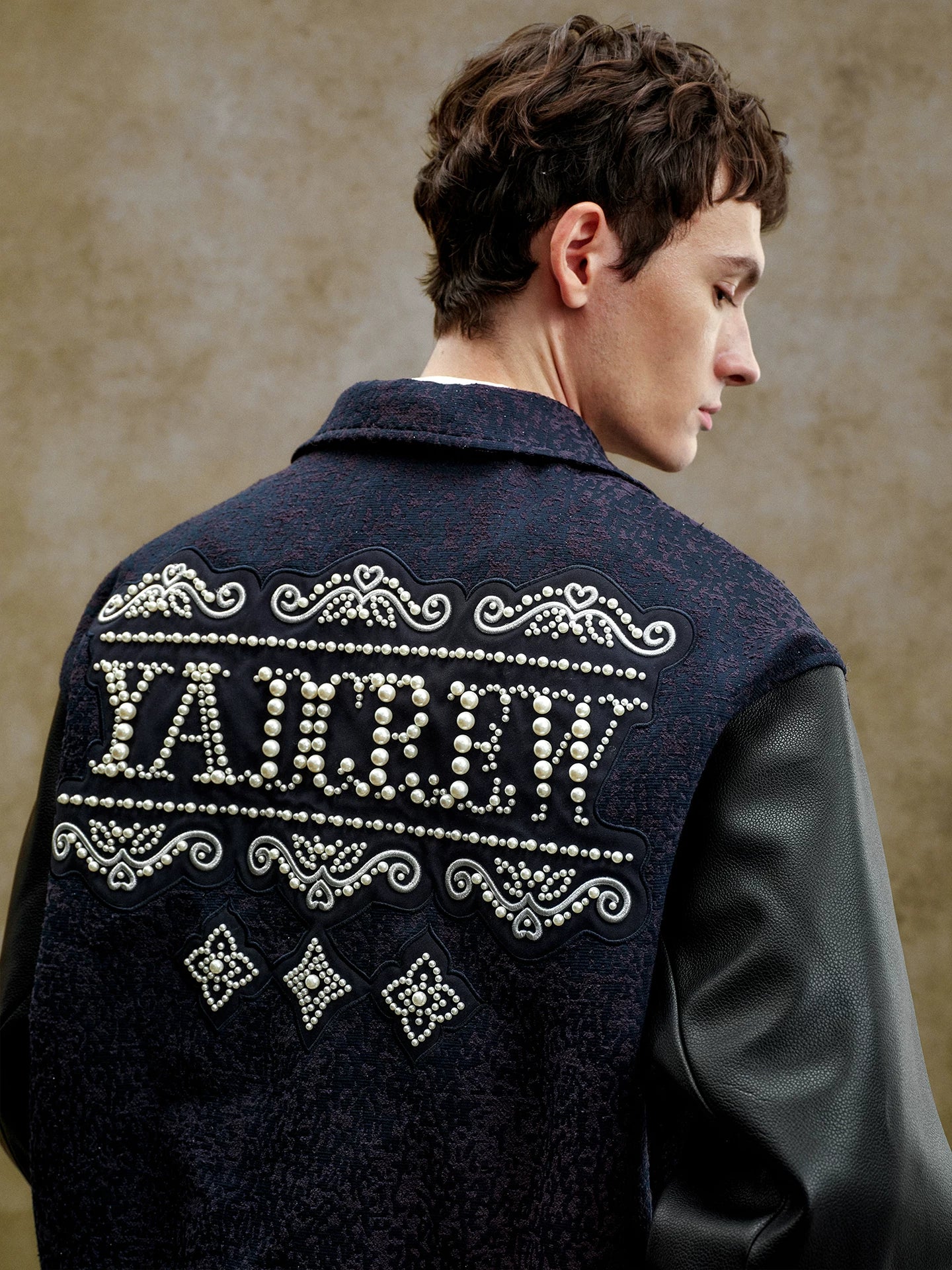 Pearl Embellished Contrast Sleeve Varsity Jacket