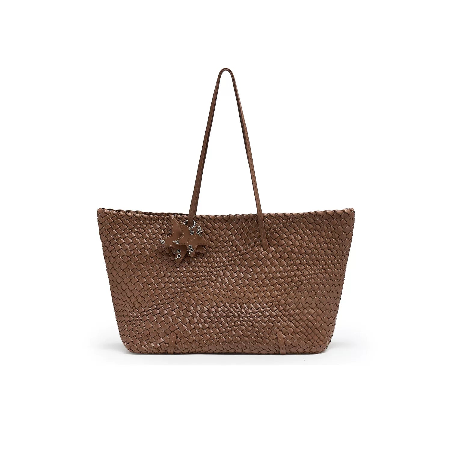 Metallic Woven Wide Commuter Tote - Dark Brown