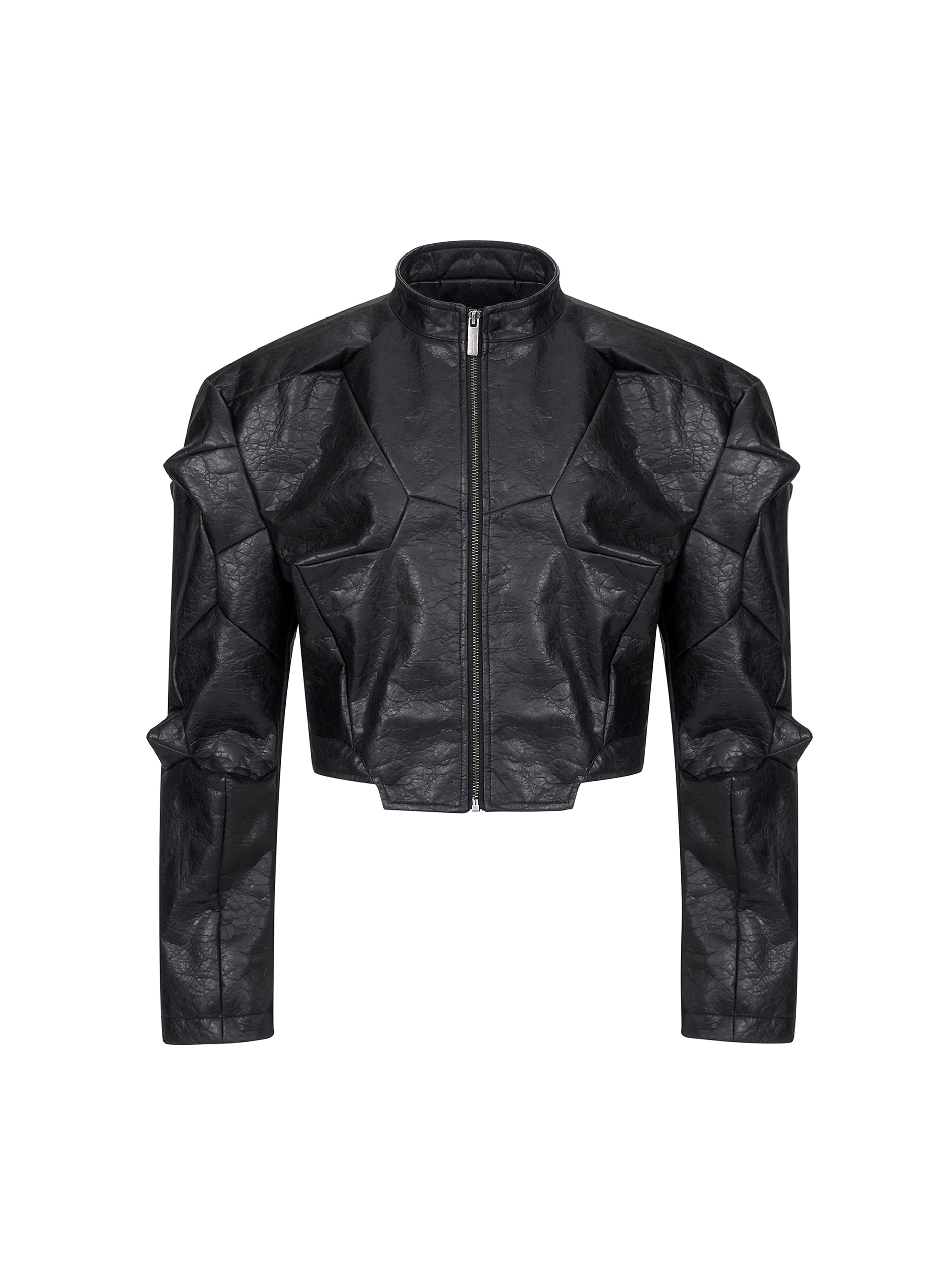 Black Geometric-Patterned Faux Leather Zip-Up Jacket and Pants Set