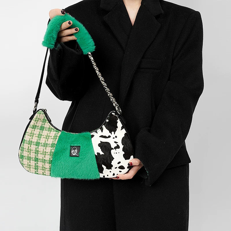 Colorblock Cow-Print Chain Shoulder Bag - view 3