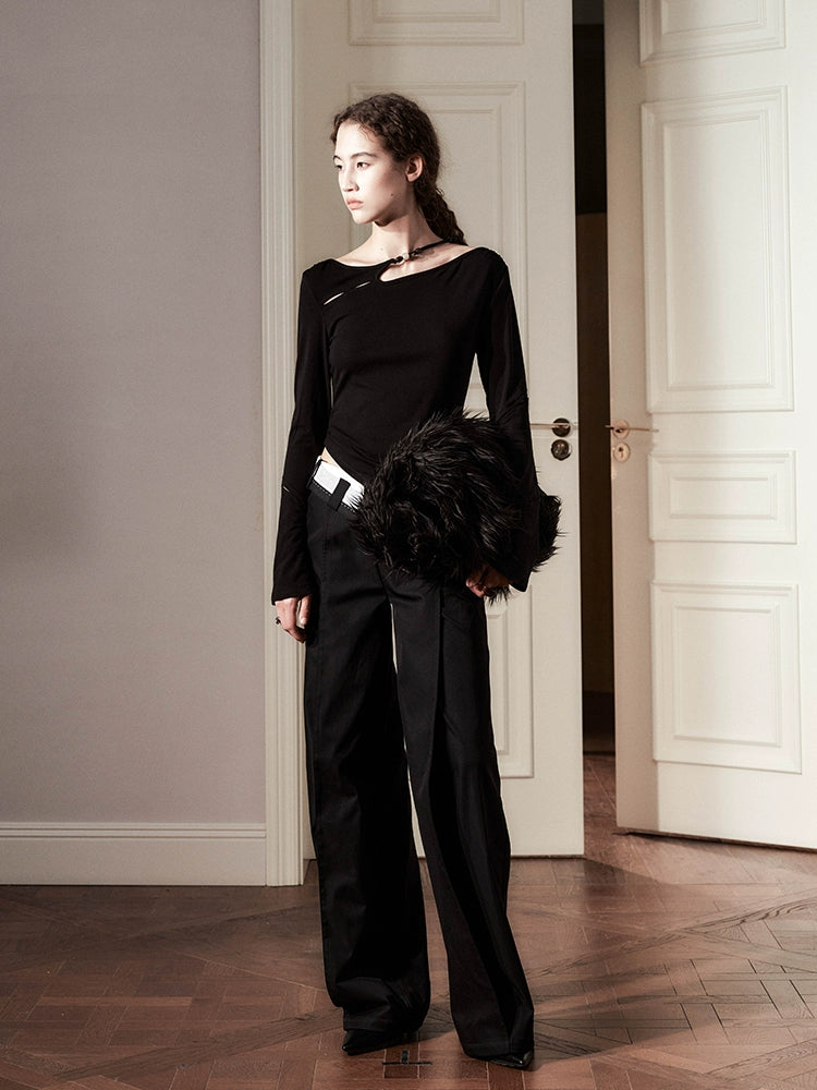 Asymmetrical Sheer Long Sleeve Top with Beaded Strap
