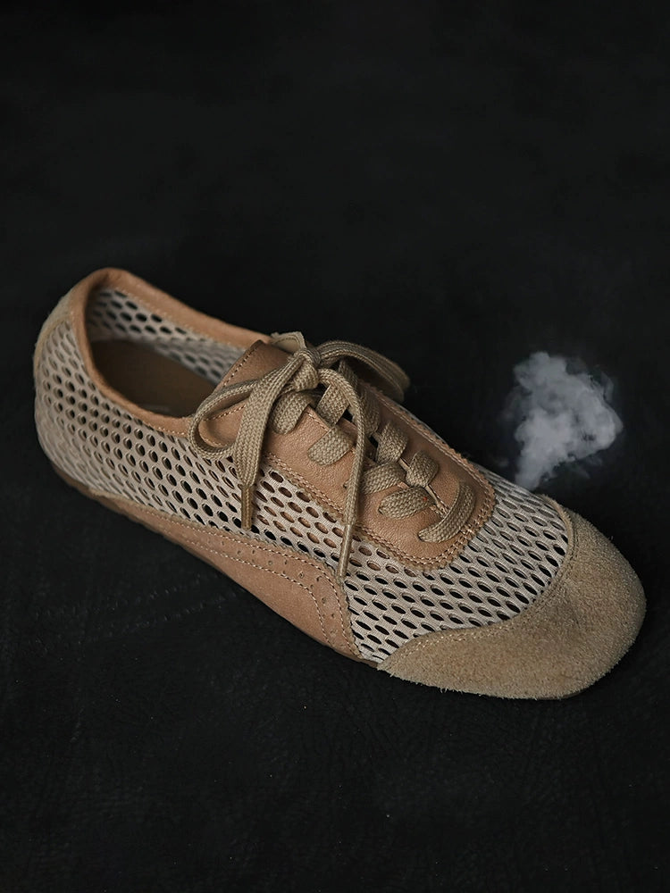 Beige Mesh Suede Lace-Up Sneakers