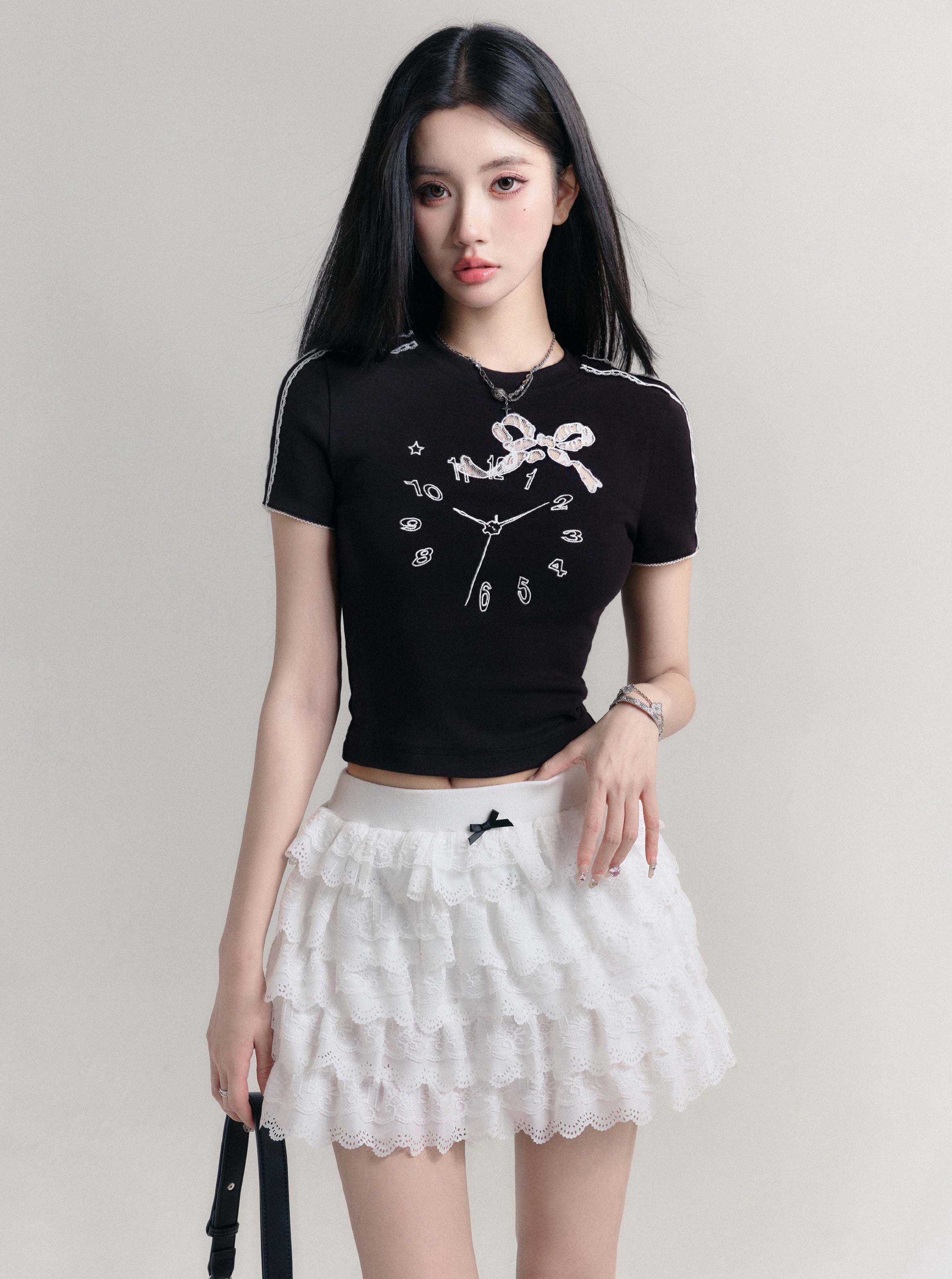 Whimsical Clock Face Crop Top with Glitter Bow - Retro Sporty Chic