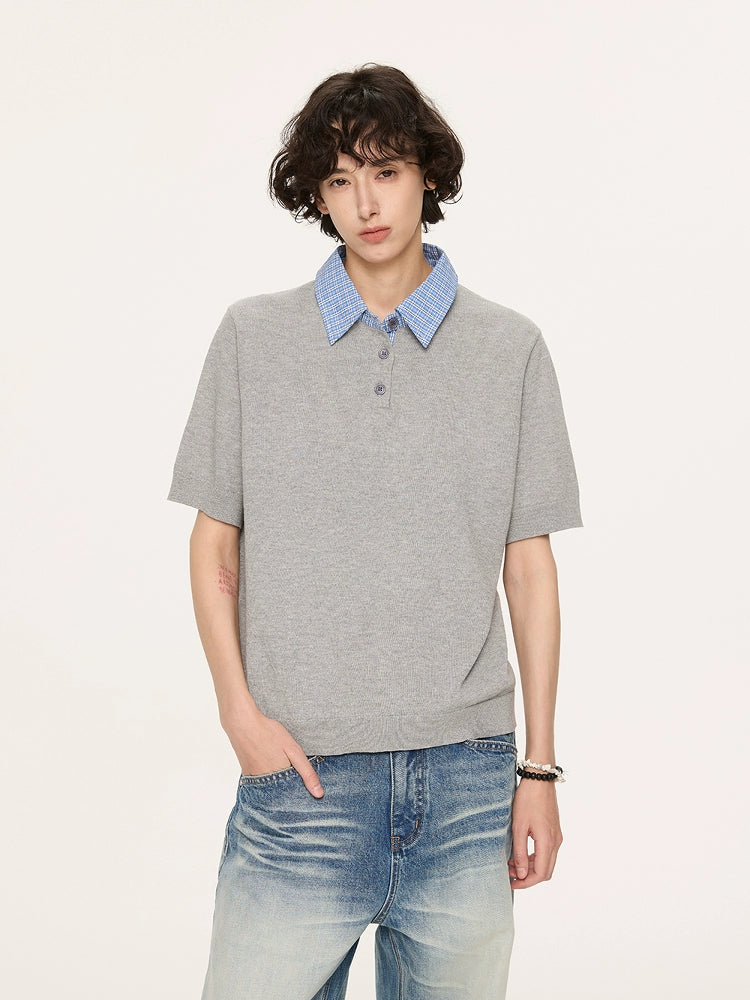 Contrast Plaid Collar Knit Polo Shirt