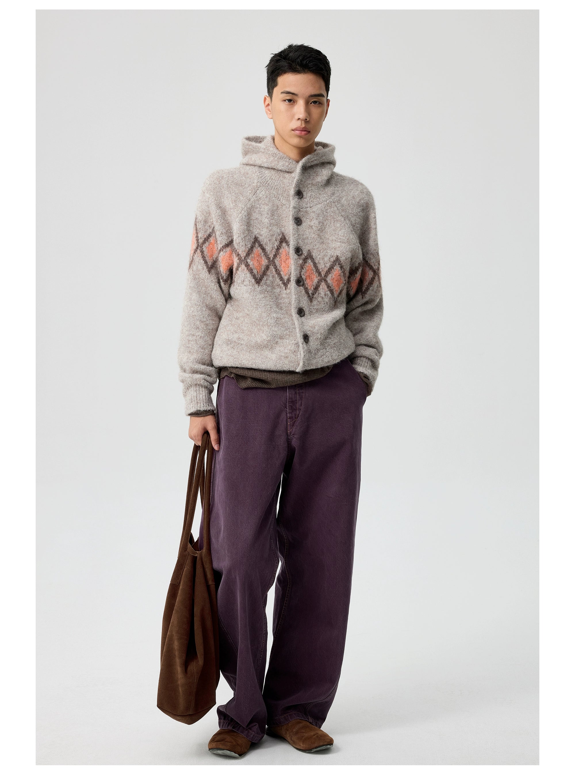 Diamond Pattern Hooded Wool Cardigan