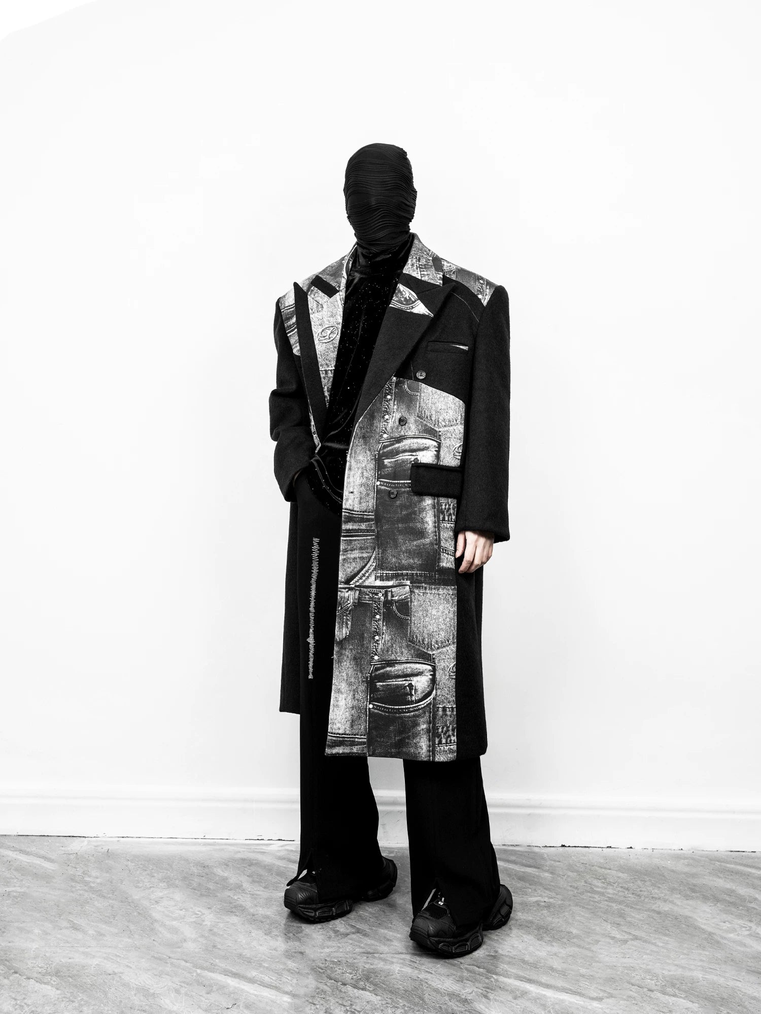 Monochrome Relic Spliced Denim Panel Overcoat