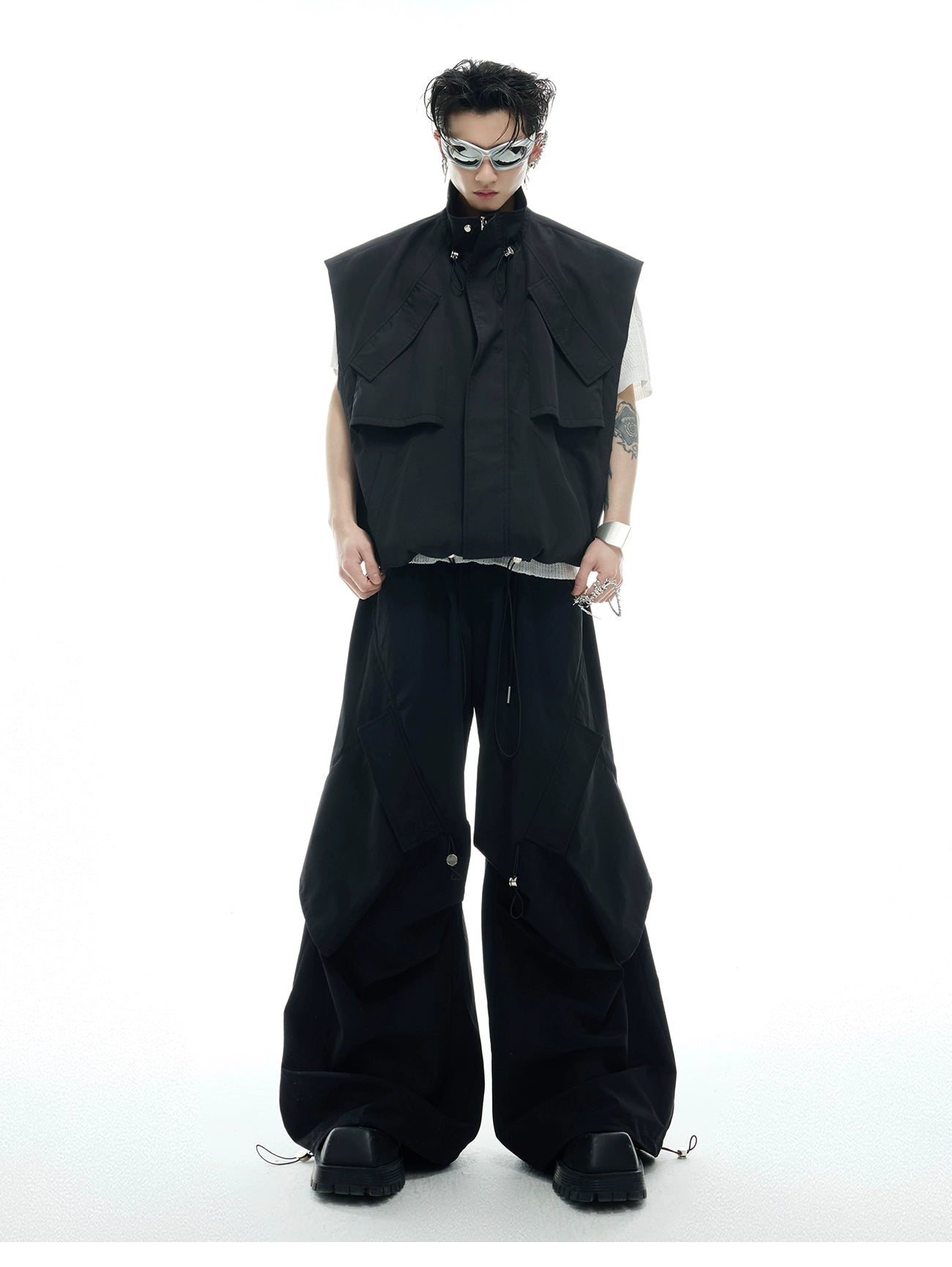 Black Tactical Vest Wide Leg Pants
