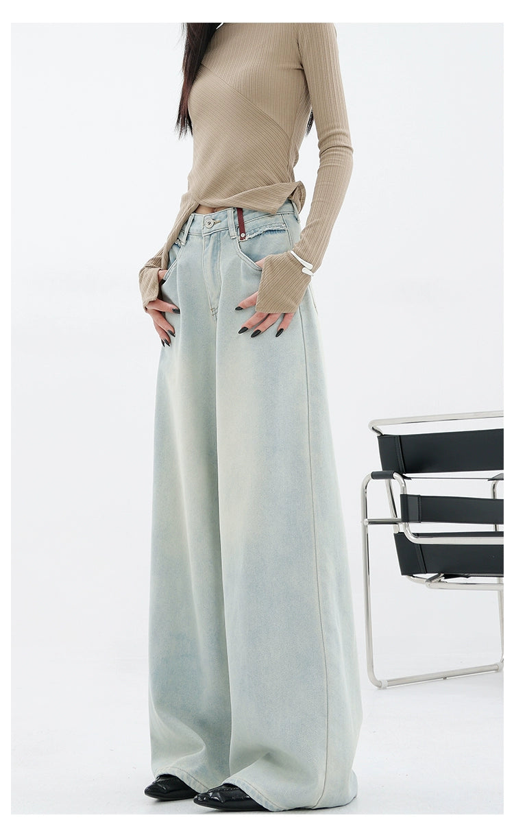 Light Blue Loose Straight Wide-Leg Denim Pants With Embroidery Design - chiclara