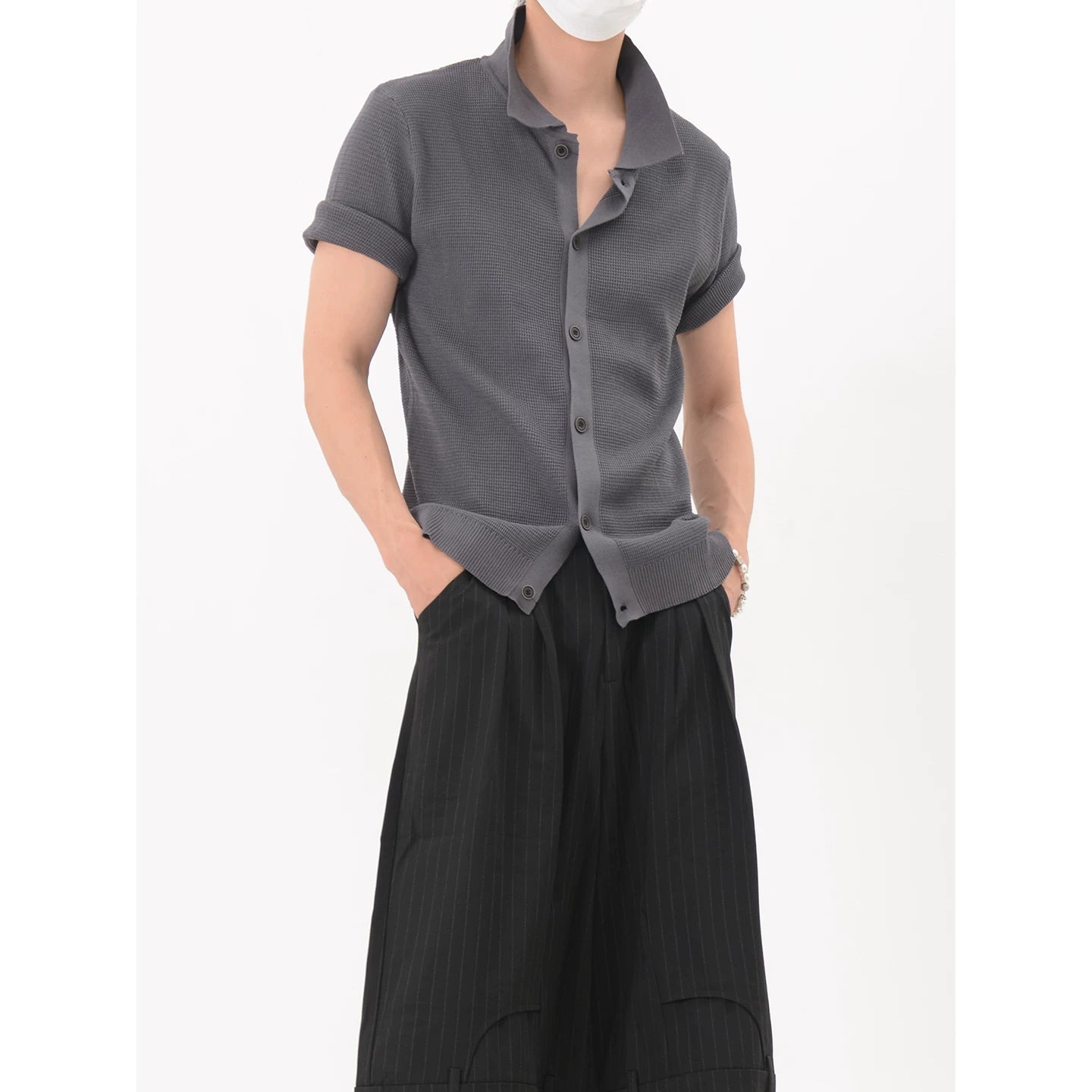 Textured Polo Collar Button Front Shirt