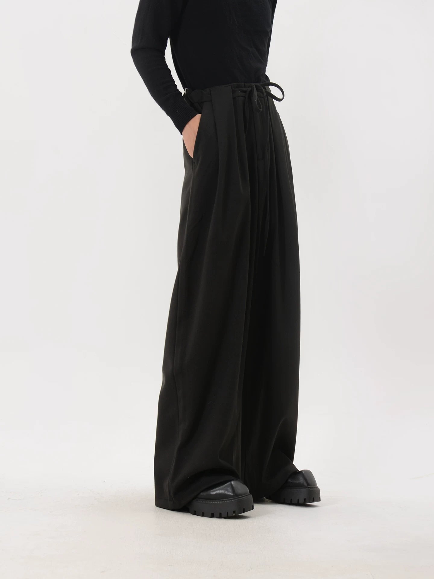 Pleated Casual Drawstring Wide-Leg Trousers