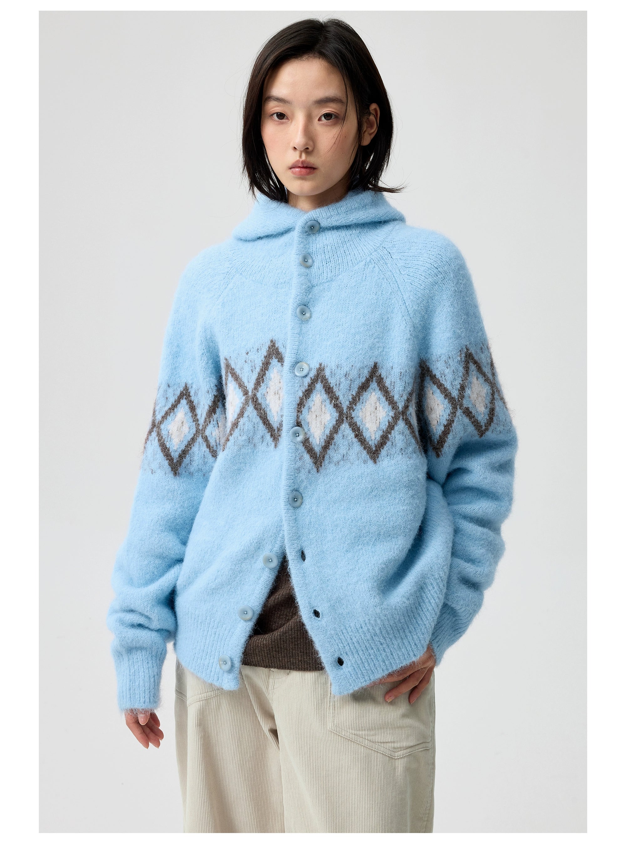 Diamond Pattern Hooded Wool Cardigan