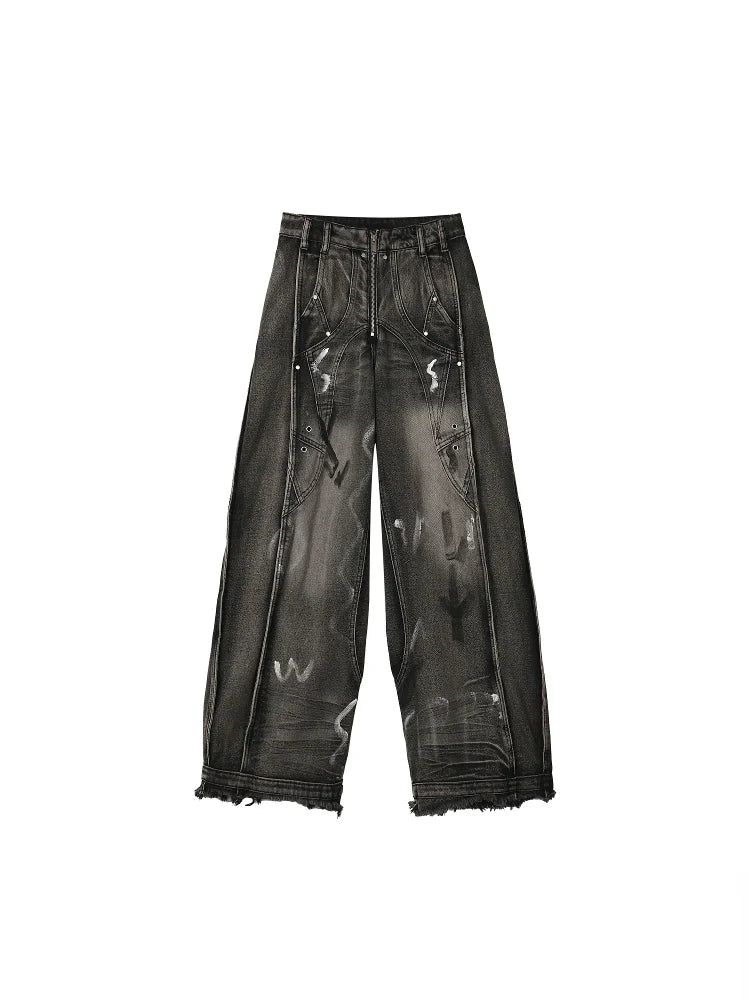 Faded Graffiti Drag-Hem Wide-Leg Jeans