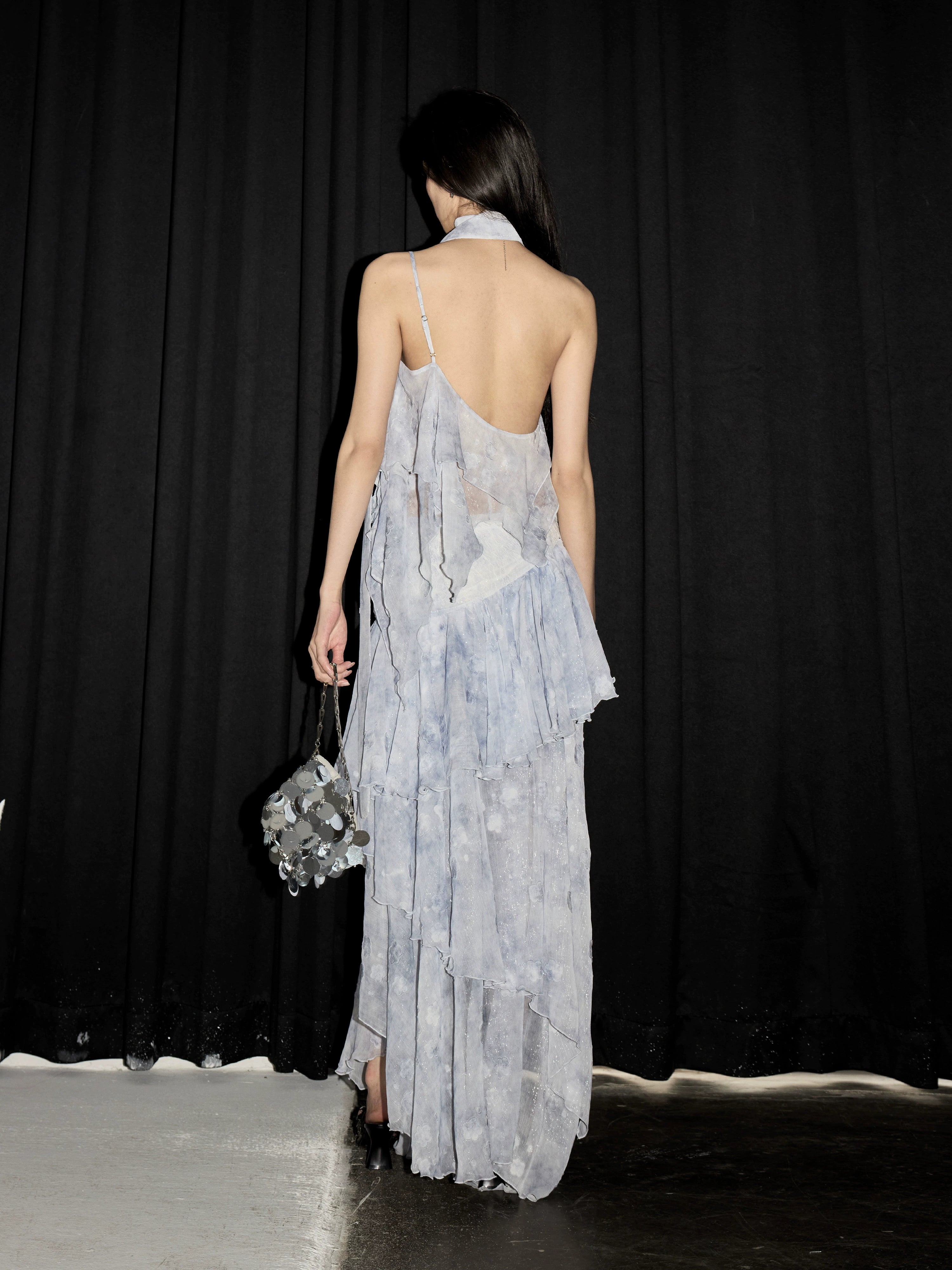 Asymmetrical High-Low Ruffled Lace Dress in Light Blue