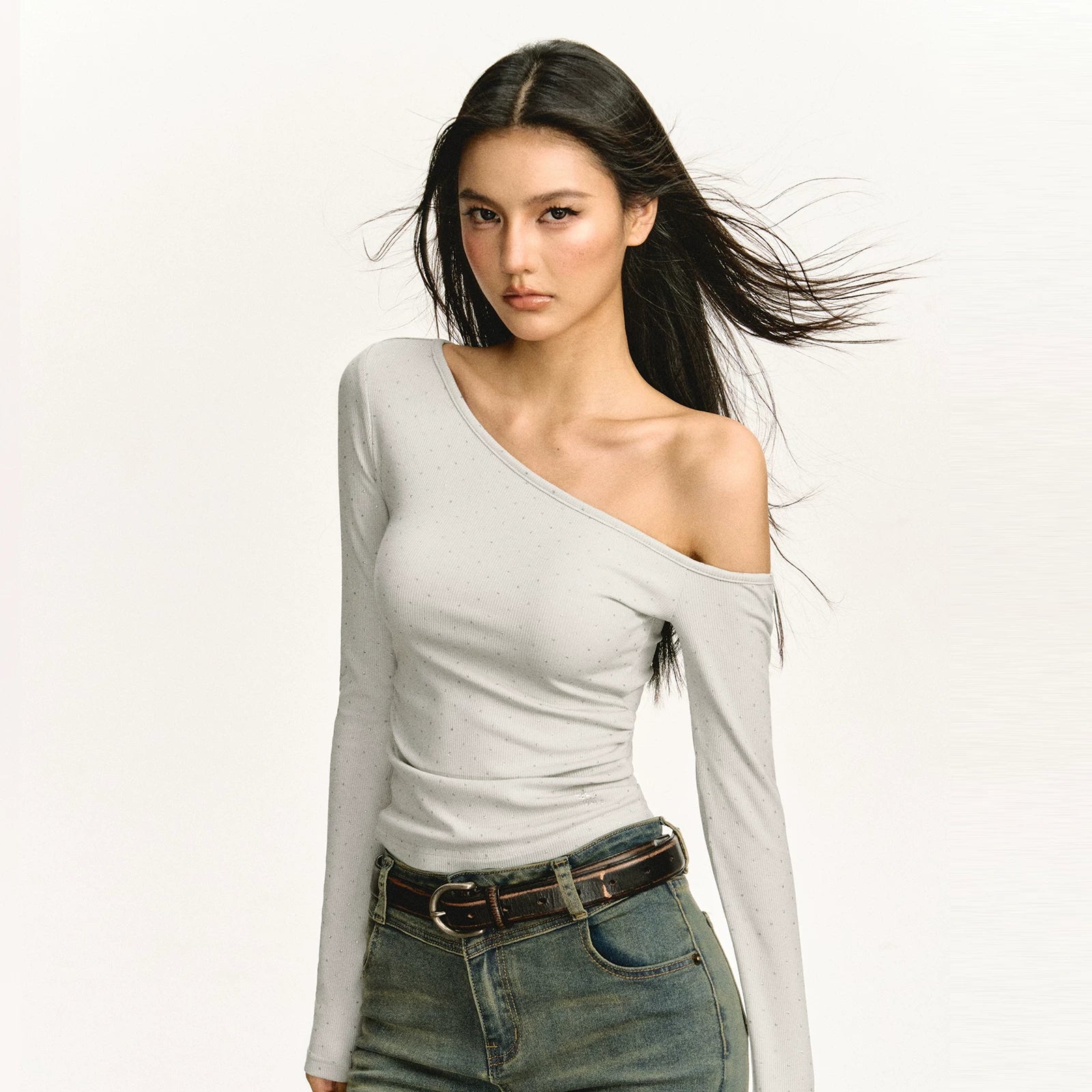 Off-Shoulder Ruched Long-Sleeve Top