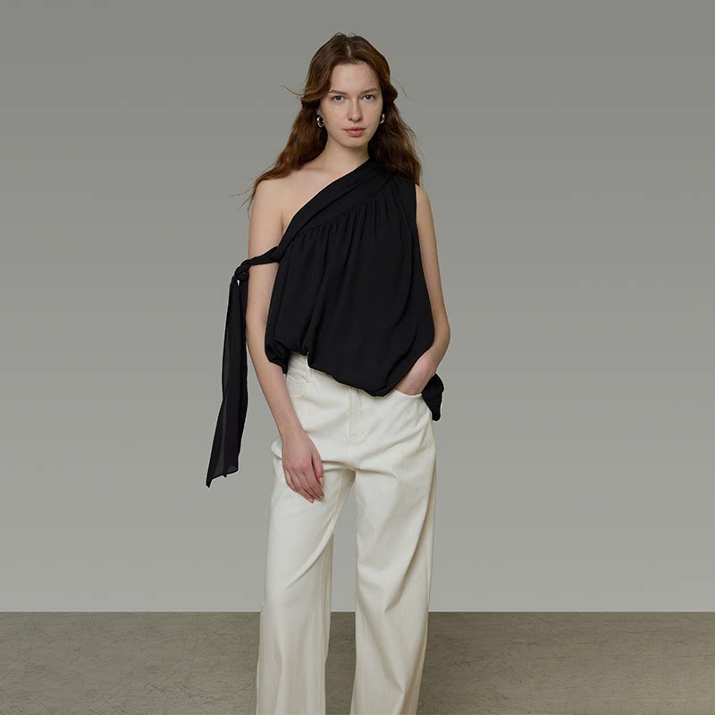 Asymmetric Tie-Drape One-Shoulder Tank Top