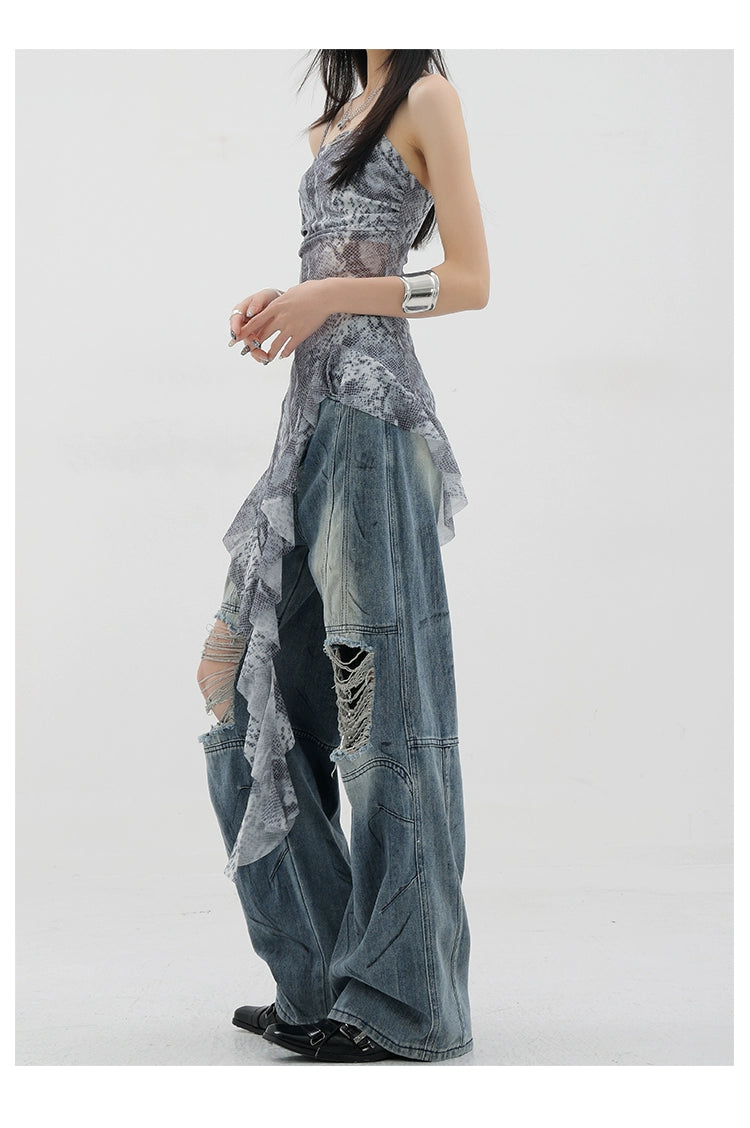 Vintage Distressed And Dirt-Dyed Patchwork Wide-Leg Jeans - chiclara