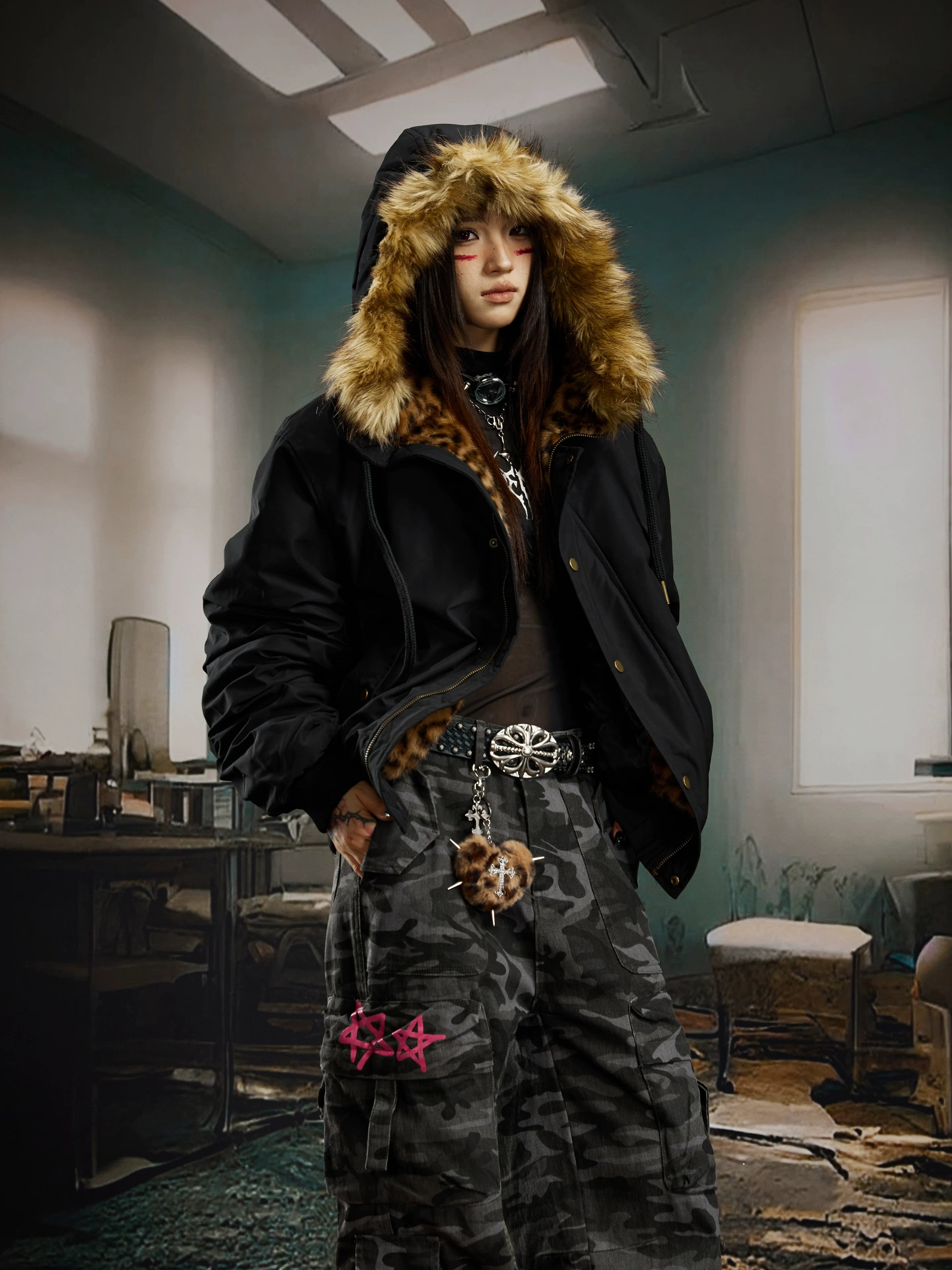 Frostline Fur‑Trim Hooded Bomber Jacket