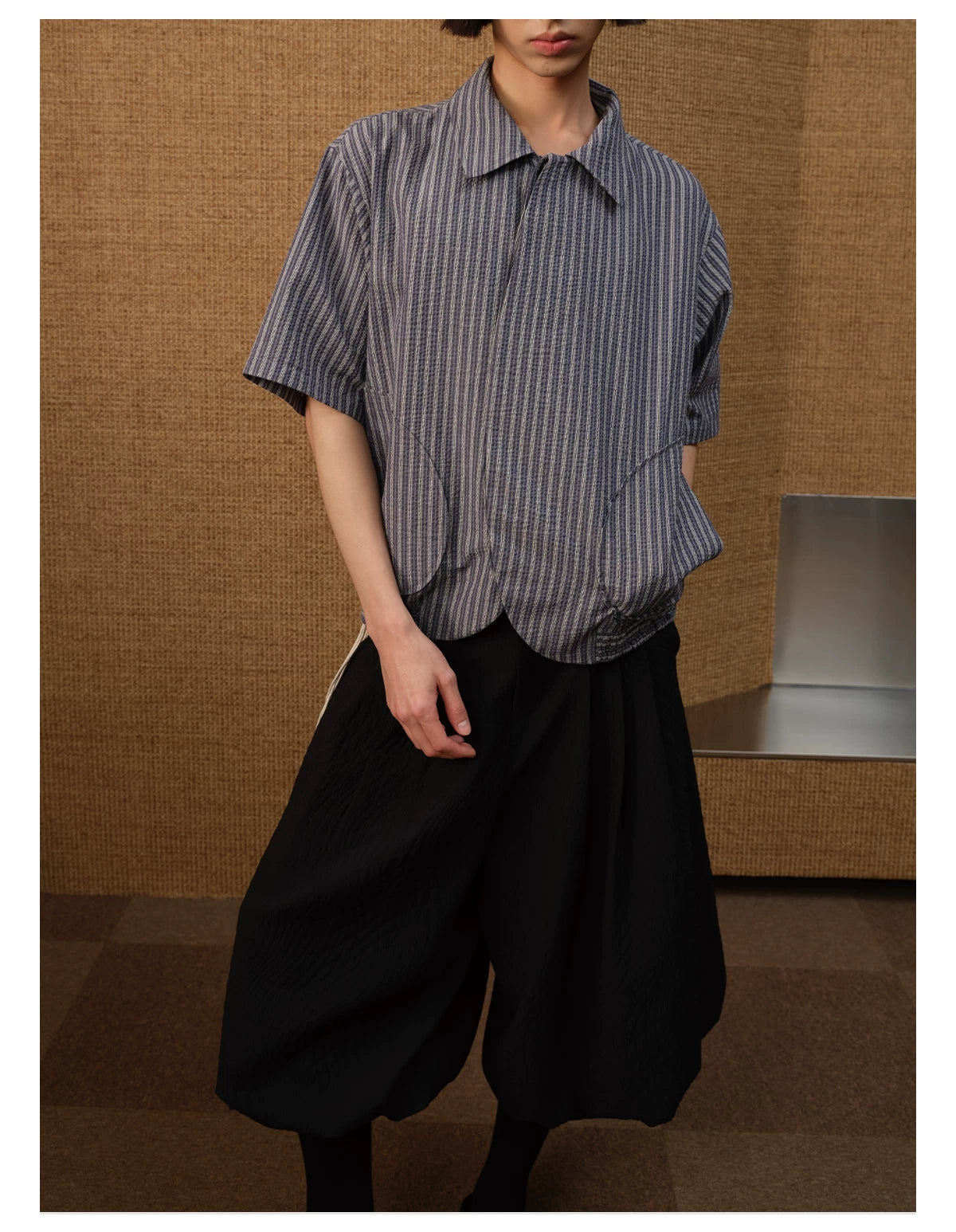 Vertical-Stripe Short-Sleeve Shirt with Curved Hem