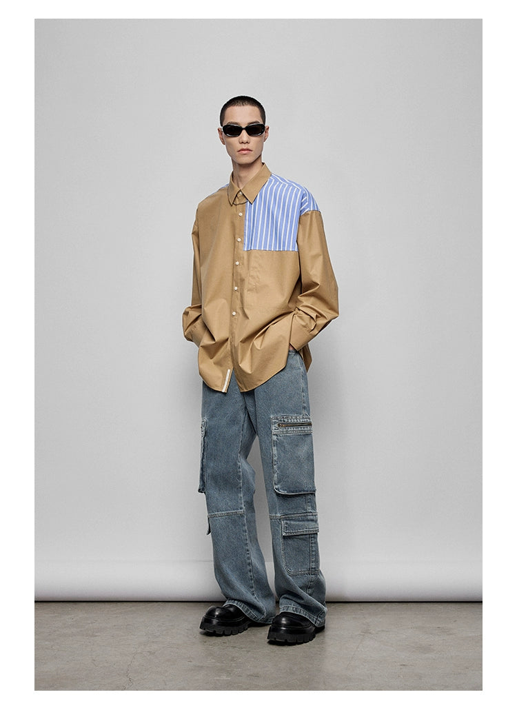 Color-Block Patchwork Pocket Oversized Shirt