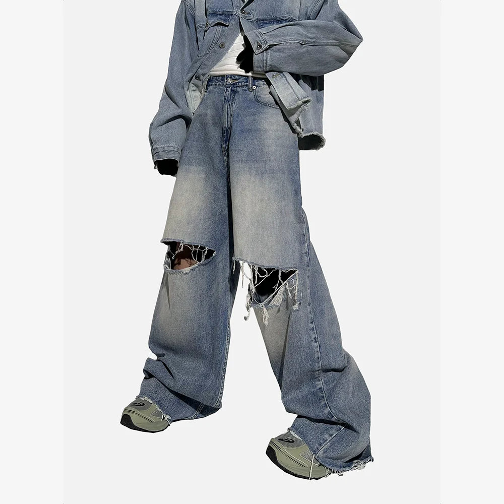 Heavily Distressed Wide-Leg Acid Wash Denim Jeans