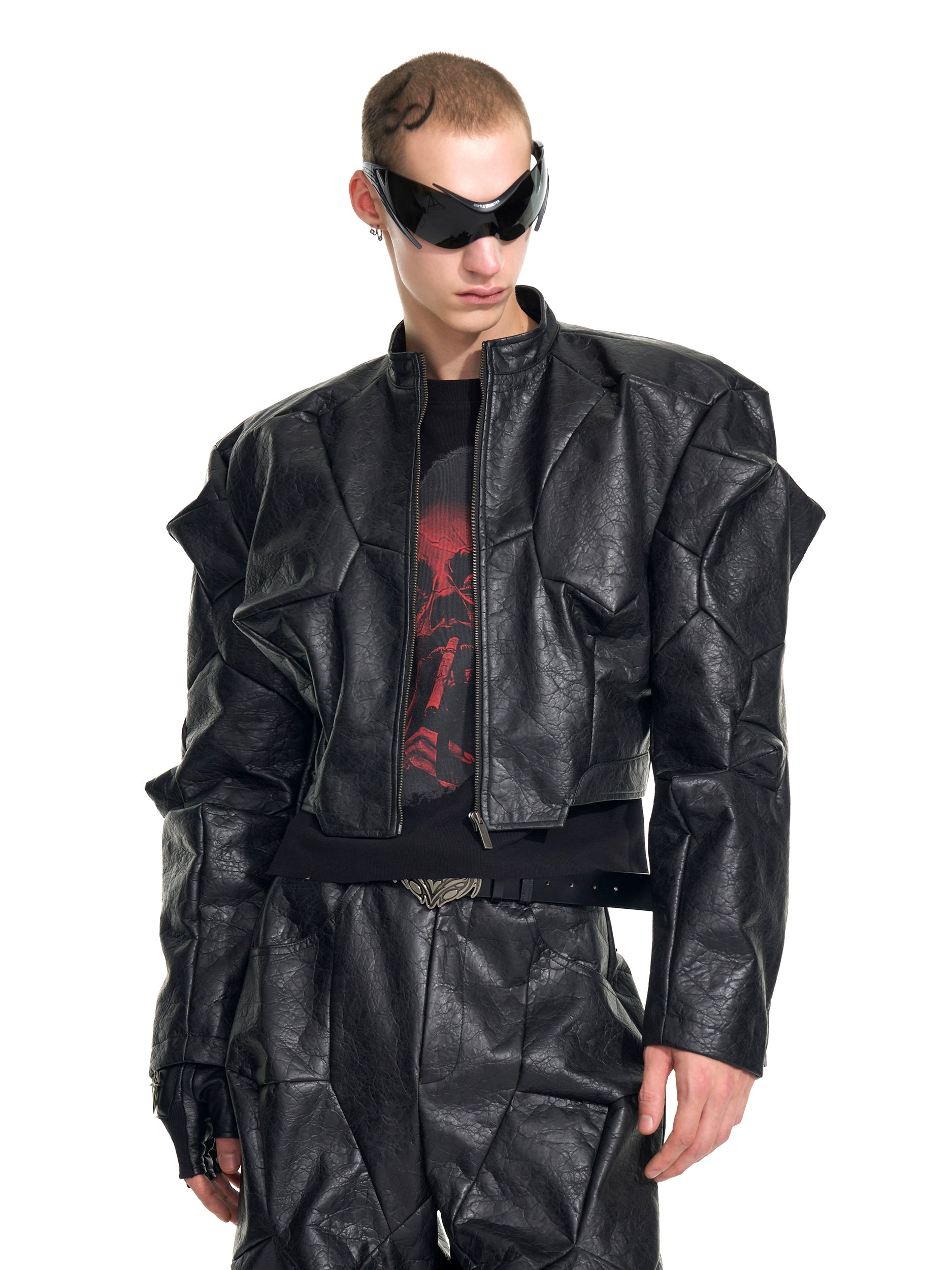 Black Geometric-Patterned Faux Leather Zip-Up Jacket and Pants Set