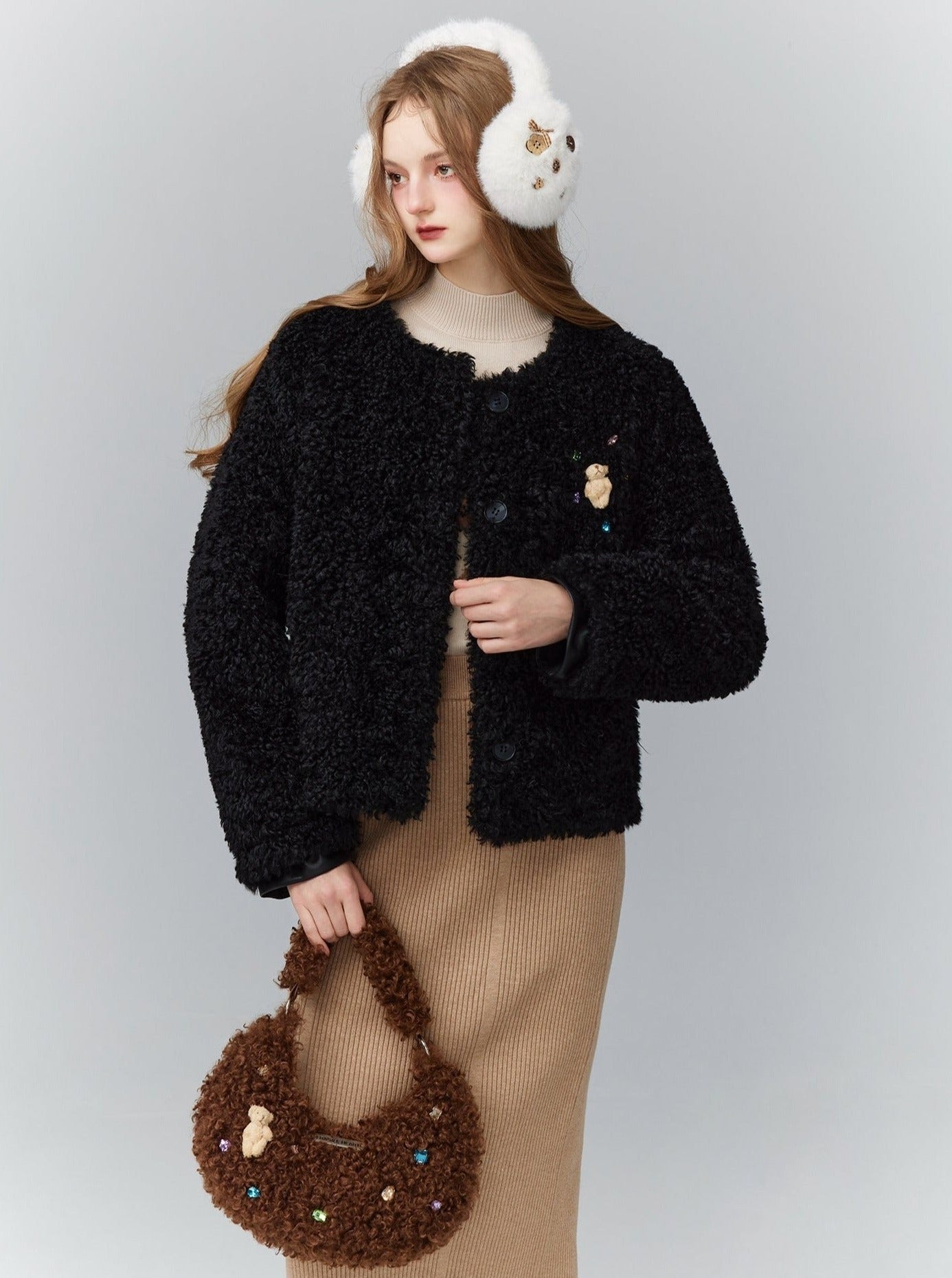 Cozy Teddy Bear Cardigan: Plush Textured Cropped Jacket with Charming Embroidered Details