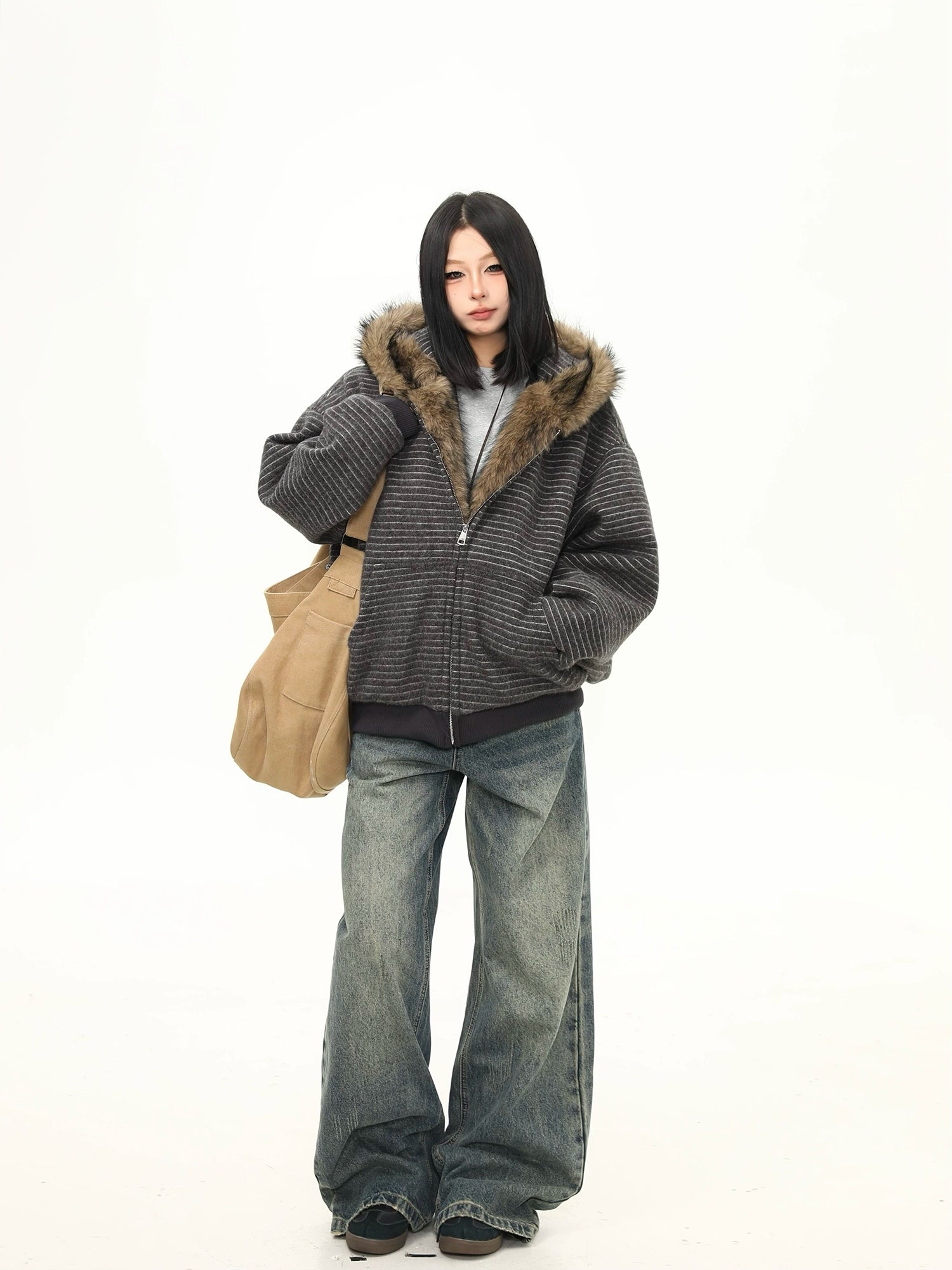 Frost Ridge Striped Faux Fur Hoodie Jacket