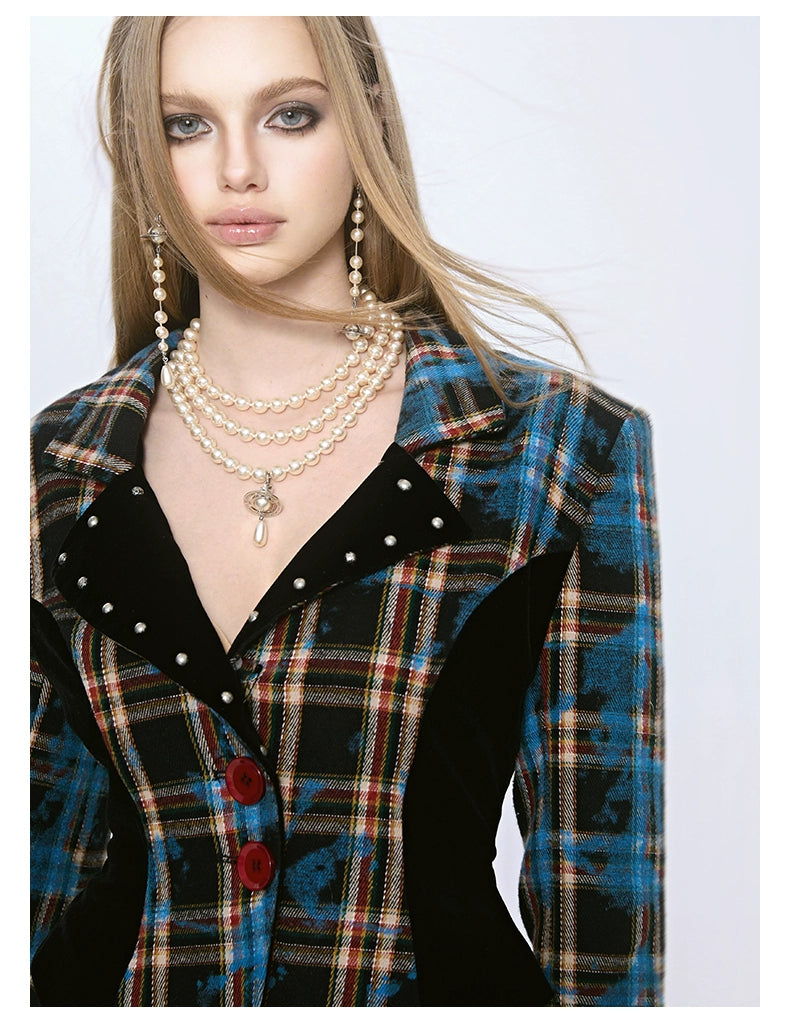 Diet Grrrl Punk Rock Plaid Jacket Set - Studded Collar Blazer With Asymmetric Mini Skirt